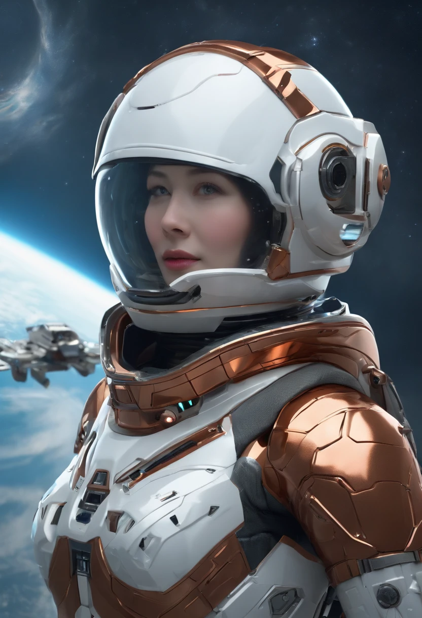 (Innovative spacesuit design)、Create ultra-detailed and futuristic images of beauty astronauts,(Ultra-futuristic design spacesuit) 、(((((Colossal tits)))))、26 year old、(((A slender)))、Earth Eye、((((((Photorealsitic)))))、high-level image quality、Raw photo、8K、((((Iridescent inner hair)))、((((((Work in space))))))、A futuristic space city is in the background、red blush、Shy、Cheerful face