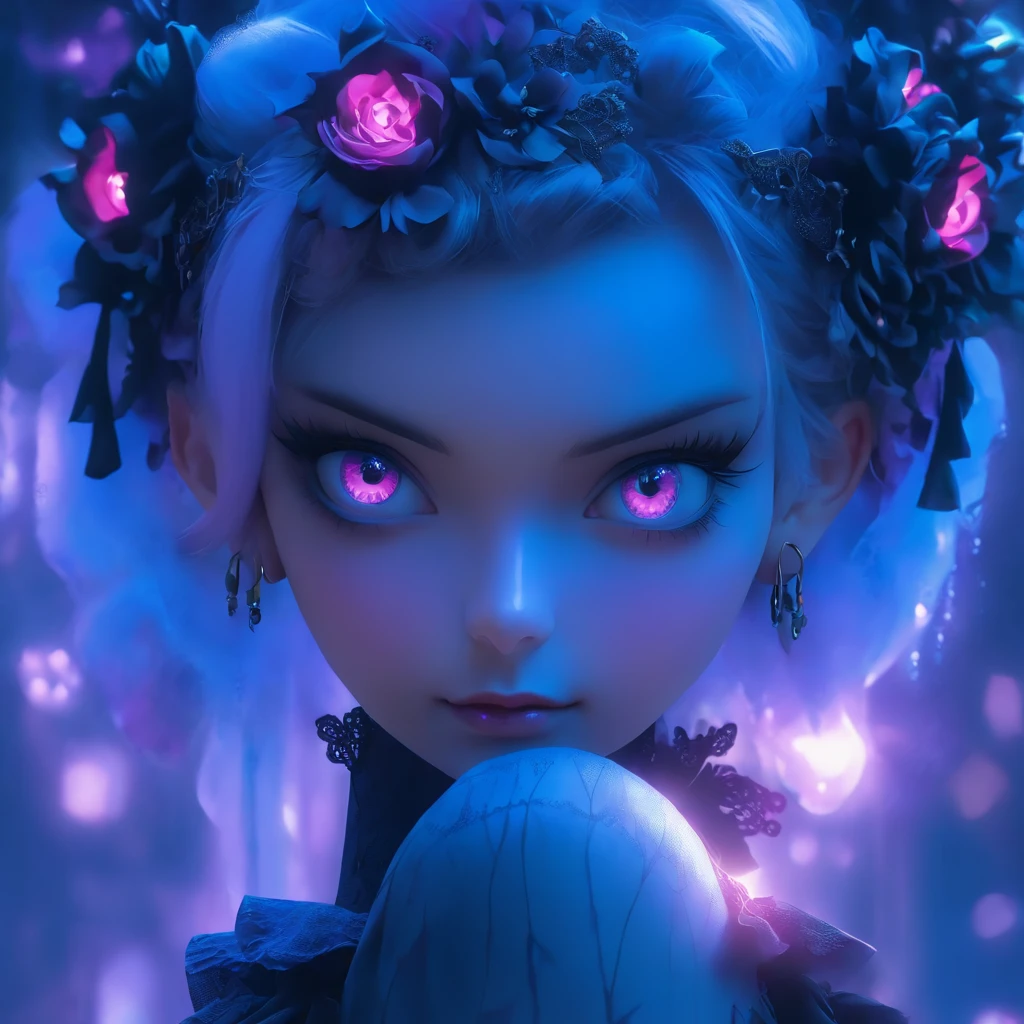 (best quality,4k,8k,highres,masterpiece:1.2),ultra-detailed,(realistic,photorealistic,photo-realistic:1.37),androgynous male Gothic lolita with purple shaved head,beautiful detailed eyes,beautiful detailed lips,extremely detailed eyes and face, casting glowing soul spells, wearing elaborate lolita dress, porcelain doll, ethereal atmosphere,dark gothic background,exquisite lace details,elaborate headdress,purple and black color scheme ,soft lighting, fairy tale-inspired aesthetic