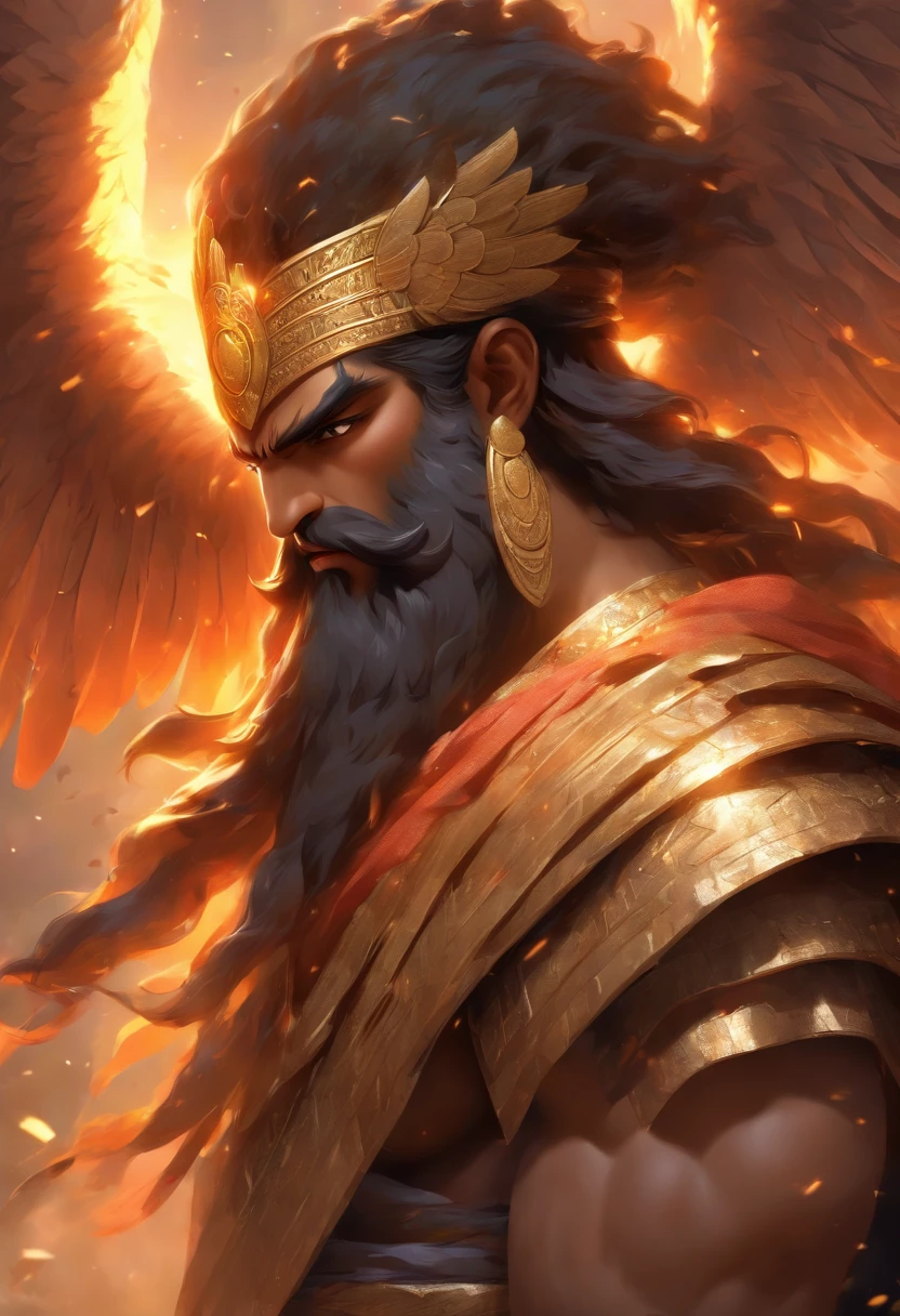 (((Akkadian God with wings))) best quality, ultra-high resolution, 4K detailed CG, master piece,Enki,man,black beard, black hair,horns,wings, Sumerian clothing, (((Black hair and beard black))), cuneiform, Akkadian Mythology, Babylonians, Assyrians, Painting style, aesthetics, Beautiful image, depth of field, centered image