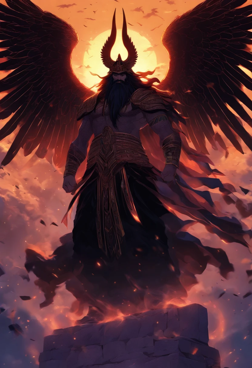 (((Akkadian God with wings))) best quality, ultra-high resolution, 4K detailed CG, master piece,Enki,man,black beard, black hair,horns,wings, Sumerian clothing, (((Black hair and beard black))), cuneiform, Akkadian Mythology, Babylonians, Assyrians, Painting style, aesthetics, Beautiful image, depth of field, centered image