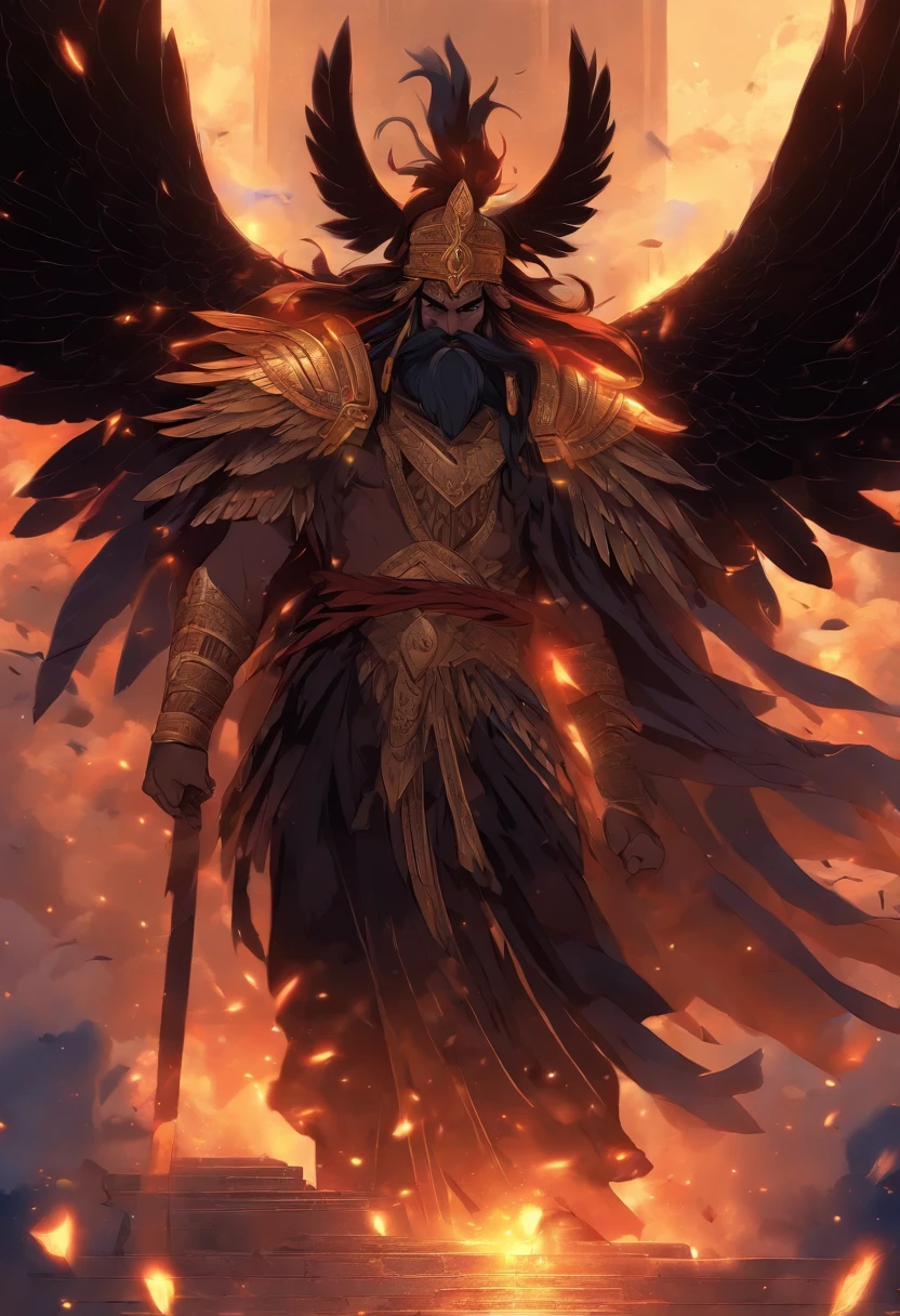 (((Akkadian God with wings))) best quality, ultra-high resolution, 4K detailed CG, master piece,Enki,man,black beard, black hair,horns,wings, Sumerian clothing, (((Black hair and beard black))), cuneiform, Akkadian Mythology, Babylonians, Assyrians, Painting style, aesthetics, Beautiful image, depth of field, centered image