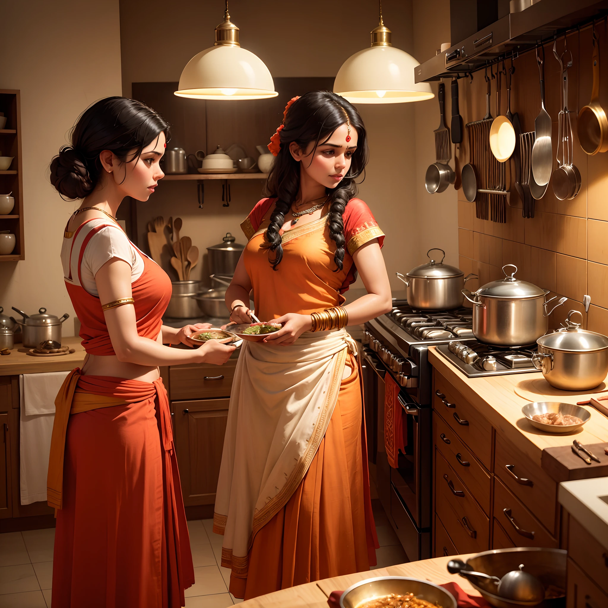Create a digital artwork depicting an Indian retro-style kitchen, where women are actively working. The kitchen should have vintage elements such as clay pots, brass utensils, and traditional Indian cookware. The women should be dressed in retro attire, like sarees or dresses from the past, while they prepare and cook various Indian dishes. The warm, inviting atmosphere of the kitchen should be evident, with the soft glow of incandescent bulbs illuminating the scene and the aroma of spices filling the air