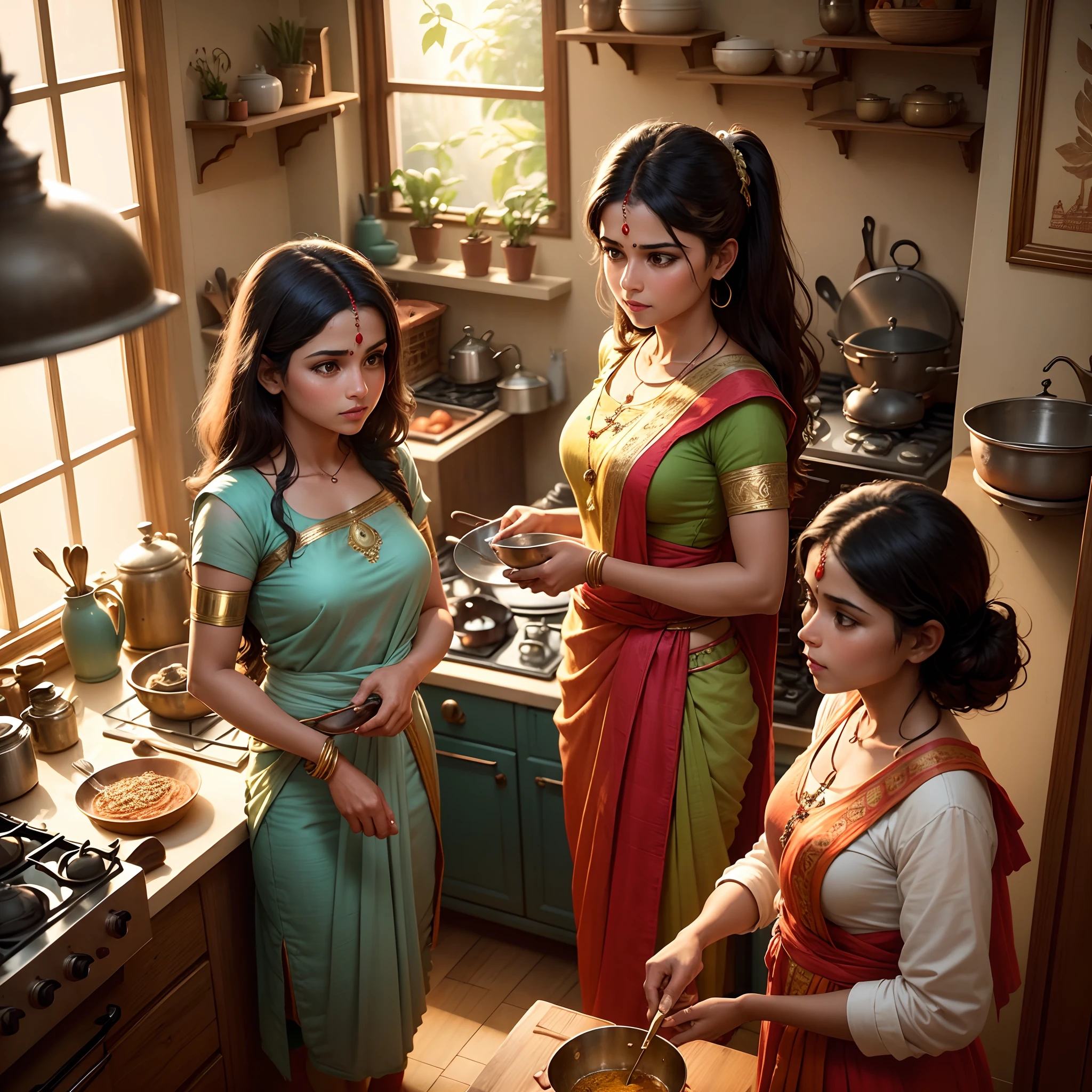 Create a digital artwork depicting an Indian retro-style kitchen, where women are actively working. The kitchen should have vintage elements such as clay pots, brass utensils, and traditional Indian cookware. The women should be dressed in retro attire, like sarees or dresses from the past, while they prepare and cook various Indian dishes. The warm, inviting atmosphere of the kitchen should be evident, with the soft glow of incandescent bulbs illuminating the scene and the aroma of spices filling the air