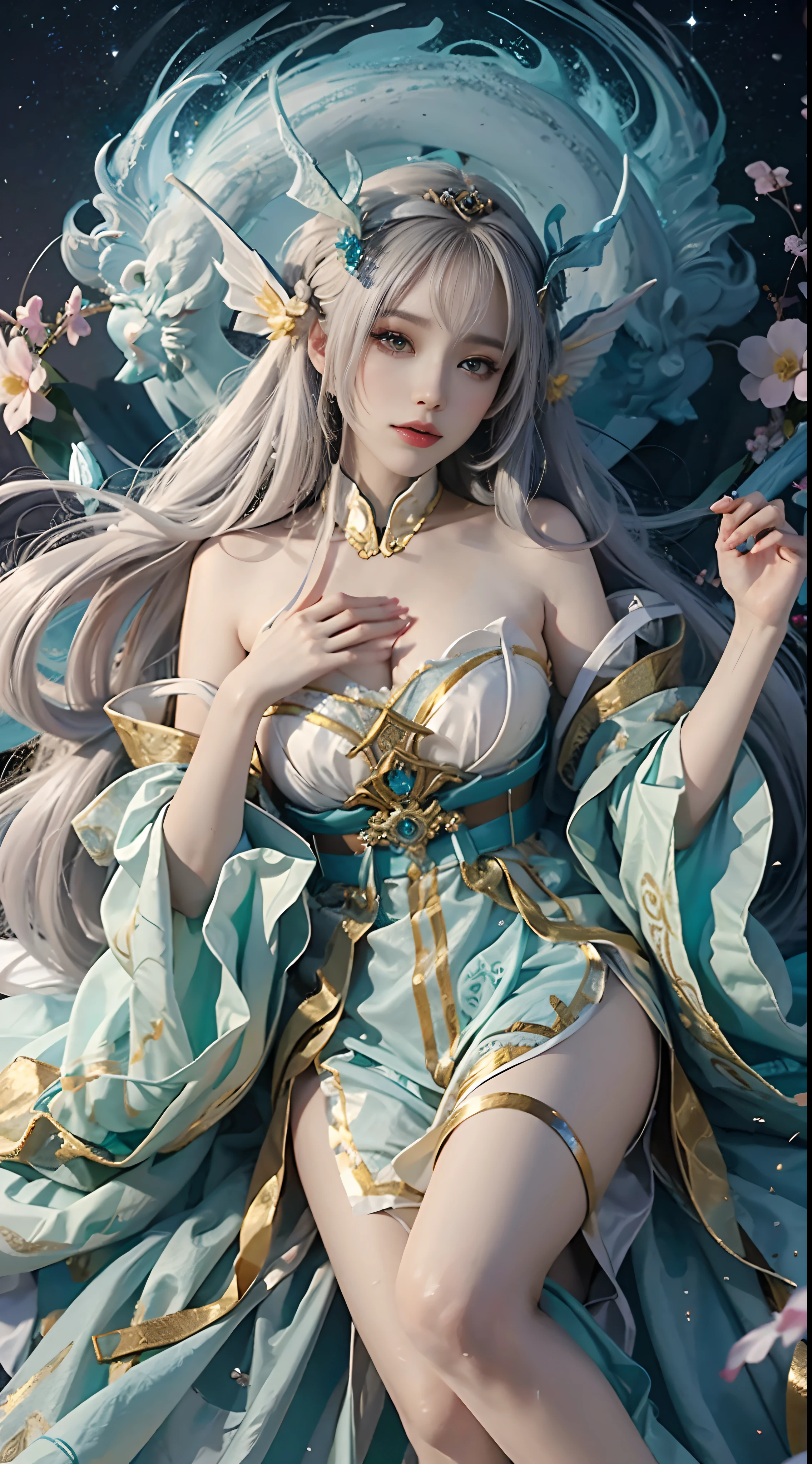 Close-up of a woman in costume on stage, Whole body xylose, Beautiful celestial mage, a stunning young ethereal figure, beautiful fantasy empress, astral witch clothes, shaxi, flowing magical robe, Hanfu Blanco, xianxia fantasy, belle delphine, Ethereal fantasy, elegant glamourous cosplay, heise jinyao,((Top-down view)),((Lie flat)),Lie flat on the ground