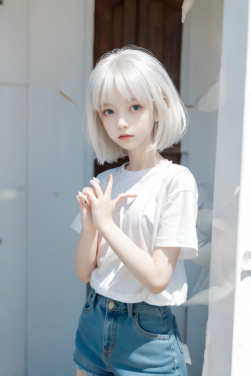 Teenager 14 year old girl, Wearing white soft white fluff, Her eyes are big and curious, She was excited and happy to see me, Beautiful eyes, White hair, Pink eyes, good art, Good drawings, 2D Anime, 2D, Cute, 2 hands and 5 fingers on each hand, Beautiful hands, Good hands are drawn, 4K, 8K,