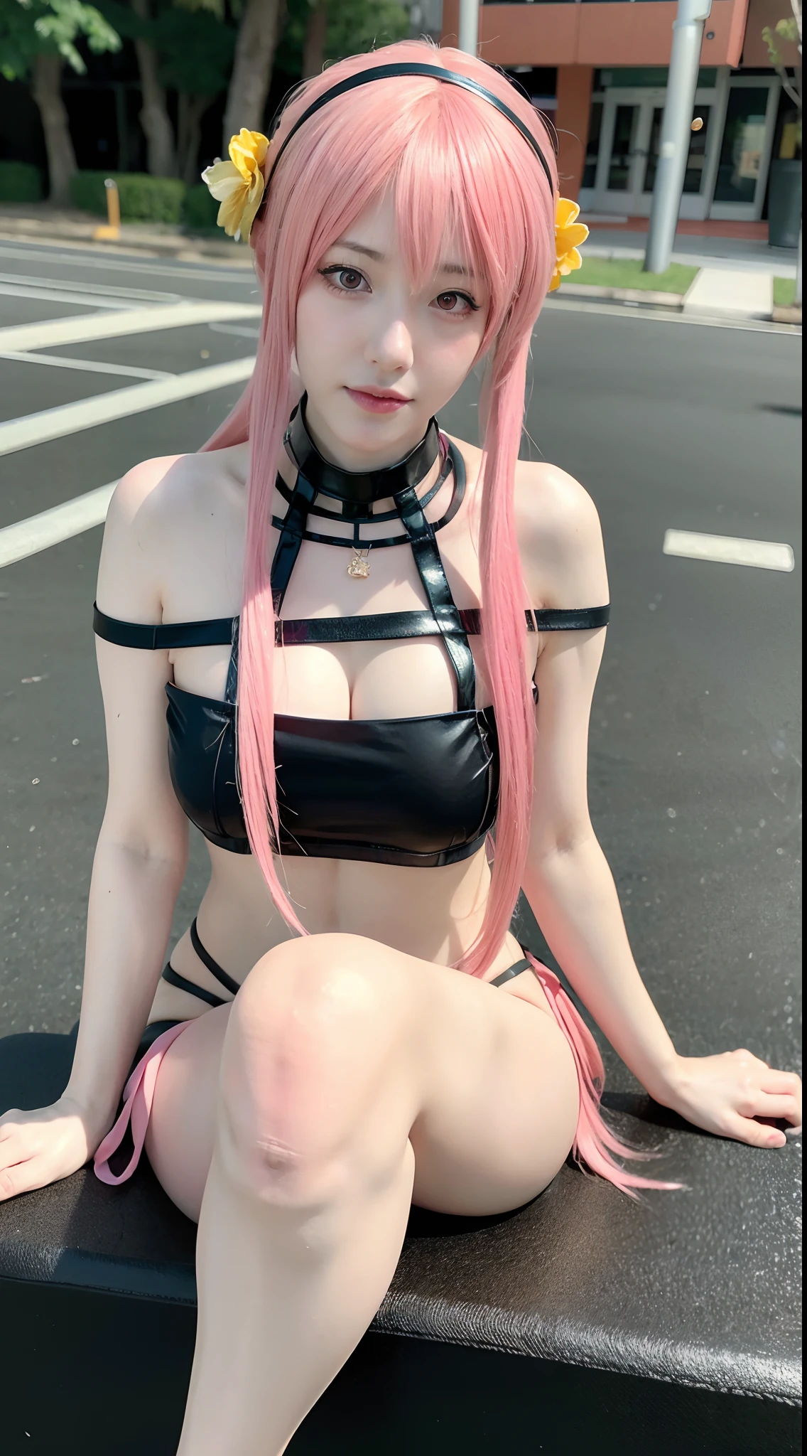 (8k, RAW photo, best quality, masterpiece:1.2), (realistic, photo-realistic:1.37) , 1girl, slim, long_hair, pink, Pink hair, ponytails, sitting, bikini, streets