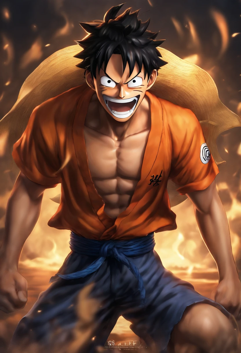 ((luffy)),masterpiece, (((realistic, 8k, best quality))),realistic, asian male, smile, gi, orange gi, dark blue short-sleeved undershirt,grin