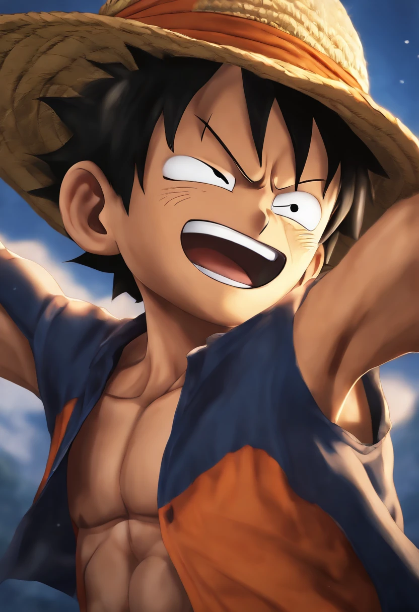 Macaco D Luffy Wano, on top of a big rock, gazing at the horizon, orange clothes, night and starry sky, bright stars in the sky, Shallow depth of field, sharp focus, best qualityer,