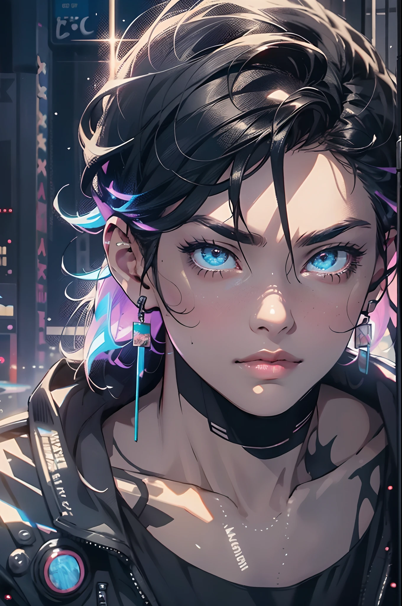 (cyber punk perssonage:1.3) , Black pantsuit, Black T-shirt with, melancholy lighting, A tranquil, peacful, luminance, tmasterpiece, best qualityer, (Ultra photo realsisim:1.3), (tmasterpiece:1.4), best qualtiy, ((realisticlying)), high high quality, ultra - detailed, ((Authentic images)), ((Realistic skin)), ((photorealiscic face)), (illustratio:1.05), (Handsome:1.05), (beatiful detailed eyes:1.05), (cinematric light:1.1), Blue in the detachment, perfect whole body,Black and blue clothes,White sneakers,(Handsome male),(perfect male figure), short detailed hair,Detailed face, Perfect face, (The stands up), Detailed background, ((Bonifasko lighting)), (Detailed eyes), perfect pupils