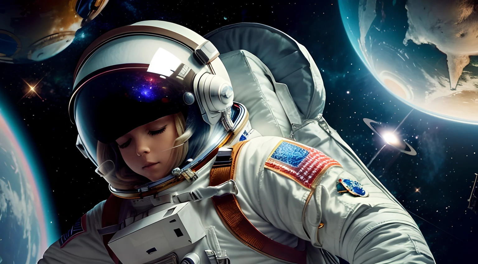 female astronaut floating in space, she has a space suit on and a space helmet, you can see her wearing headphones with the helmet on, blond hair, stars in the background are twinkling, planets in the background are rotating