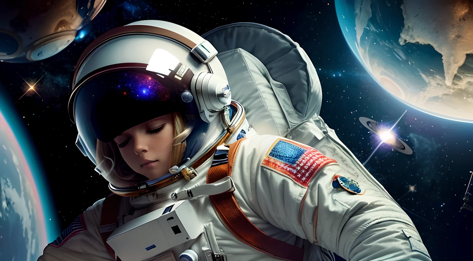 female astronaut floating in space, she has a space suit on and a space helmet, you can see her wearing headphones with the helmet on, blond hair, stars in the background are twinkling, planets in the background are rotating