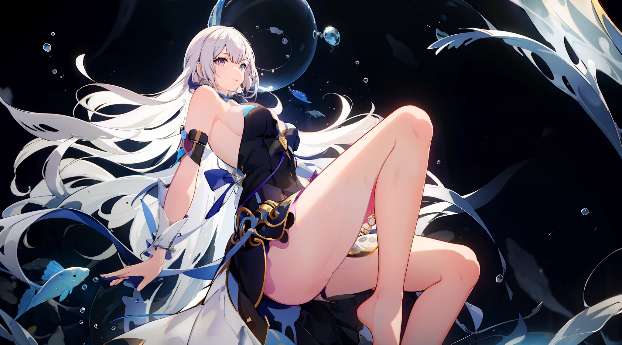 [(Transparent background:1.5)::5],(((masterpiece))),(((best quality))),(((extremely detailed))),illustration, 1girl,solo,mysterious,vivid color,shiny, underwater transparent sealed hemispherical glass dome, white hair,red eyes, full body,barefoot,long hair tranquil nature, koi,Underwater, Dome,close up,Dynamic actions,Lens perspective,(((Box composition))),sit cross-legged and lean against the bookshel,