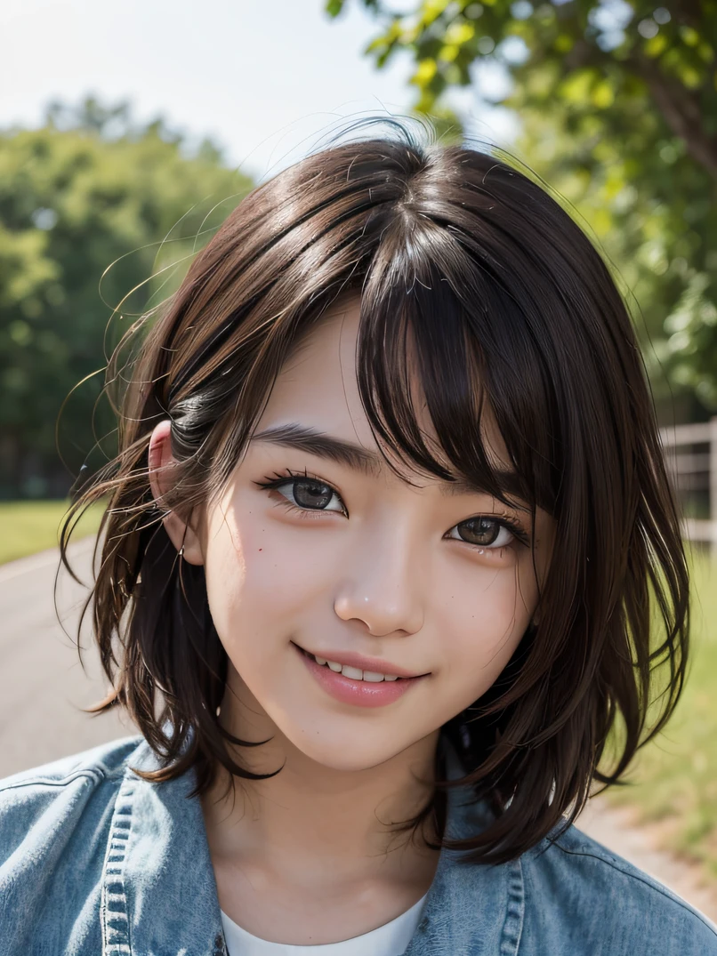 hightquality、hight resolution、ultra-detailliert、masterpiece、foco nítido、Photorealistic、photographrealistic、Raw photography、3/5 shots、lighting like a movie、Detailed skin texture、Detailed fabric texture、beautiful countenance、intricate-detail、1人の女性、20yr old、Loose dark brown hair、dark brown eyes、hair messy、A simply dressed、Landscapes of the 21st century、Happy smile、Look at viewers
