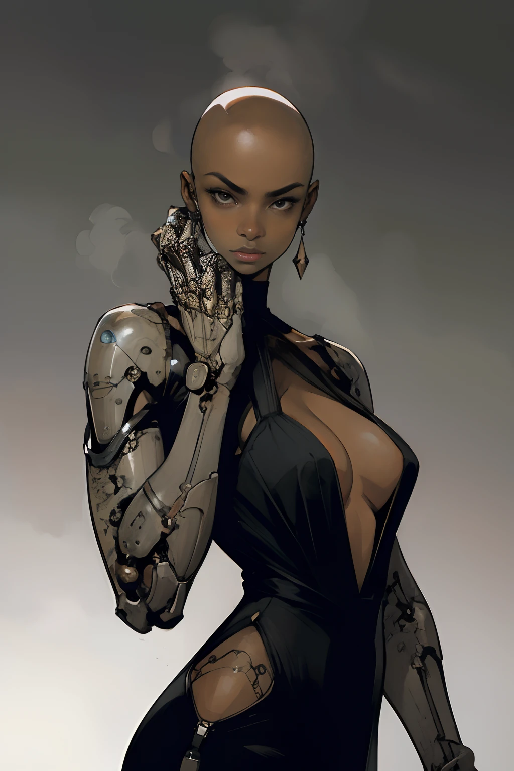 (masterpiece), best quality, absurdres, (bald) black woman, dark skin, (devoid of hair), gritty, woman in a vintage elegant loose fitting silk dress, SCI-FI, woman with full mechanical arms, in the style of Kentaro Miura, (1female), feminine woman, serious expression, comic, intricate, holding up one bionic arm bent at the elbow, mechanical arms devoid of lights, black powerarm, accurate anatomy, accurate five fingered hands, fancy background,