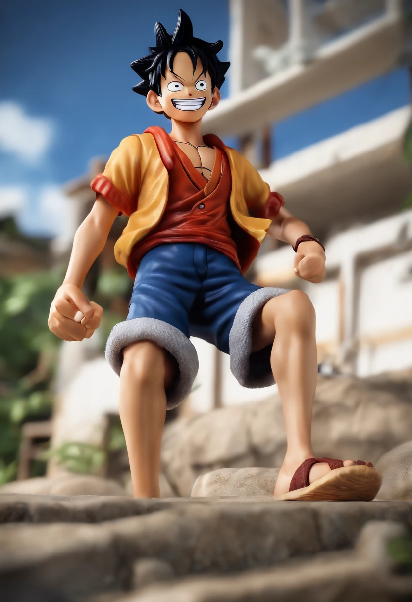 ((luffy nika)),masterpiece, (((realistic, 8k, best quality))),realistic, asian male, smile, gi, orange gi, dark blue short-sleeved undershirt,grin