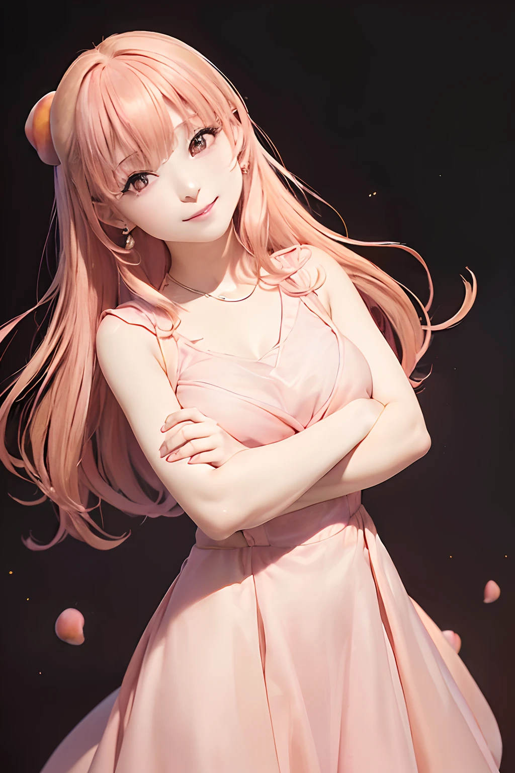 upperbody shot、(((black backgrounds)))、front facing、an oil painting、​masterpiece、top-quality、front facing、hight resolution、(((Peach-colored hair)))、A smile、(((pink clothing)))、long、(((Peach-colored dress)))、femele１a person、(((Arms crossed in front of the chest)))、His arms folded