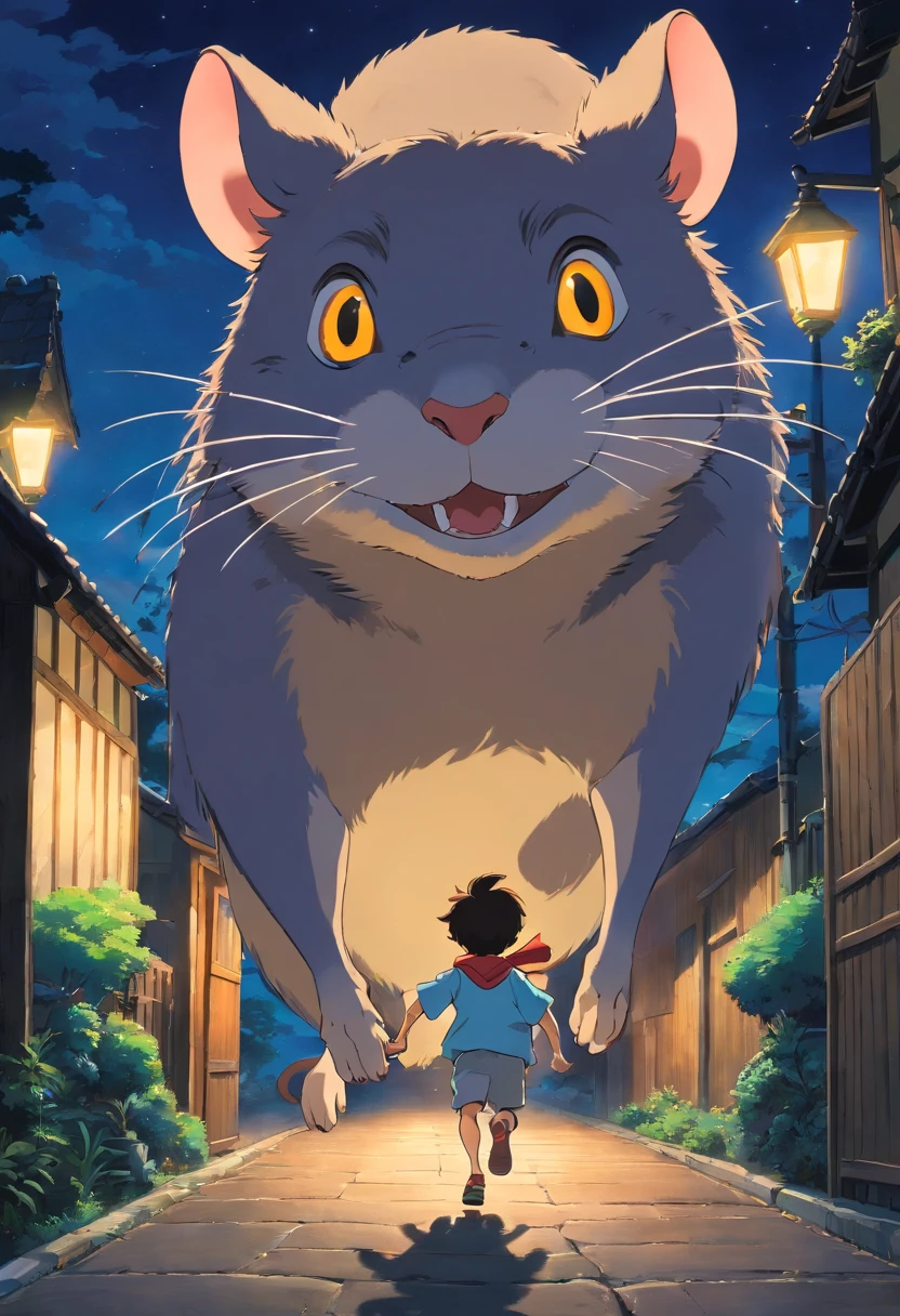The boy races with a giant rat at night