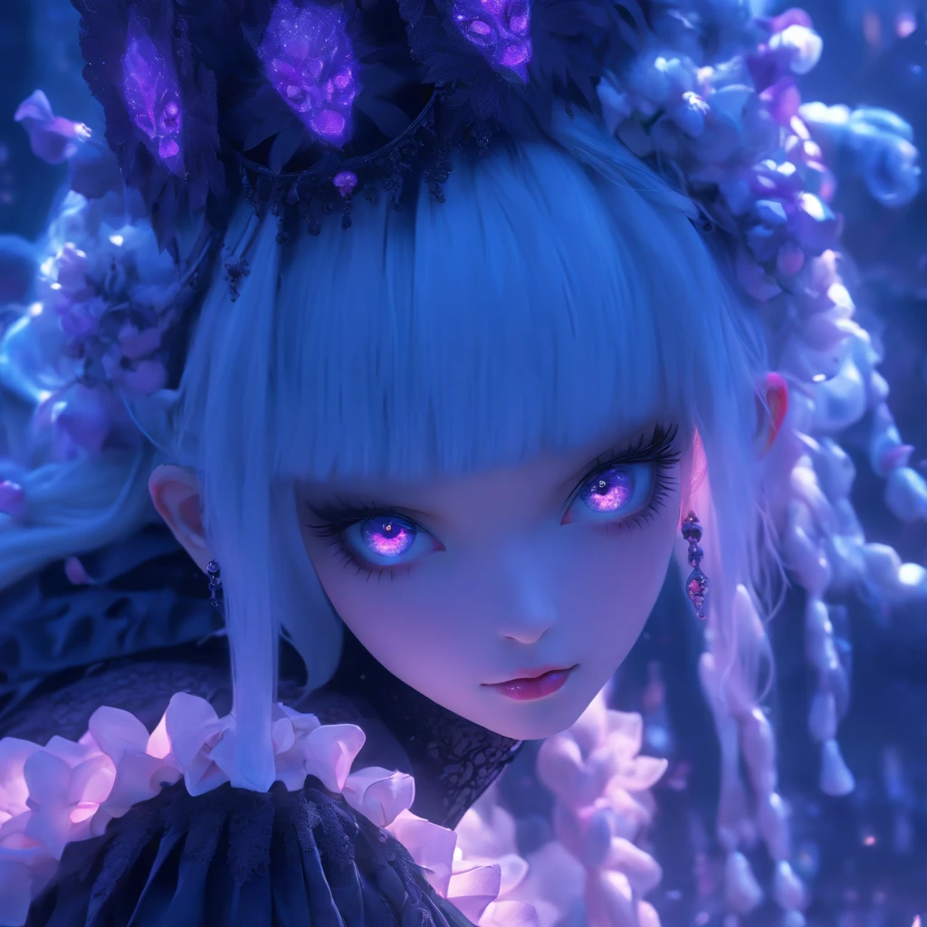 (best quality,4k,8k,highres,masterpiece:1.2),ultra-detailed,(realistic,photorealistic,photo-realistic:1.37),androgynous male Gothic lolita with purple shaved head,beautiful detailed eyes,beautiful detailed lips,extremely detailed eyes and face, casting glowing soul spells, wearing elaborate lolita dress, porcelain doll, ethereal atmosphere,dark gothic background,exquisite lace details,elaborate headdress,purple and black color scheme ,soft lighting, fairy tale-inspired aesthetic
