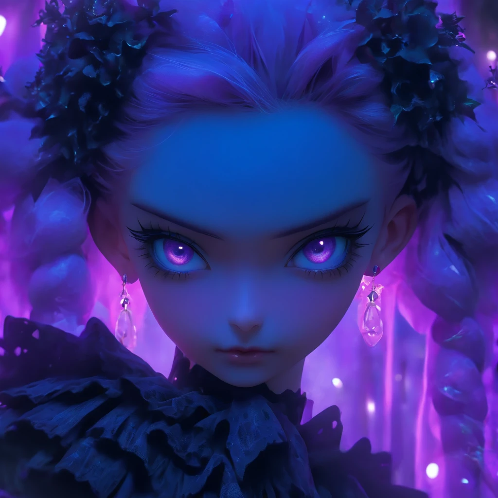 (Best quality,4K,8K,A high resolution,Masterpiece:1.2),Ultra-detailed,(Realistic,Photorealistic,photo-realistic:1.37),Hermaphroditic male Gothic ta with purple shaved head,Beautiful detailed eyes,beautiful detailed lips,Extremely detailed eyes and face, Cast glowing soul spells, Wearing a delicate Loliress, Porcelain dolls, Ethereal atmosphere,Dark Gothic background,Delicate lace detailing,Delicate headgear,Purple and black color scheme ,Soft lighting, Fairytale-style aesthetics
