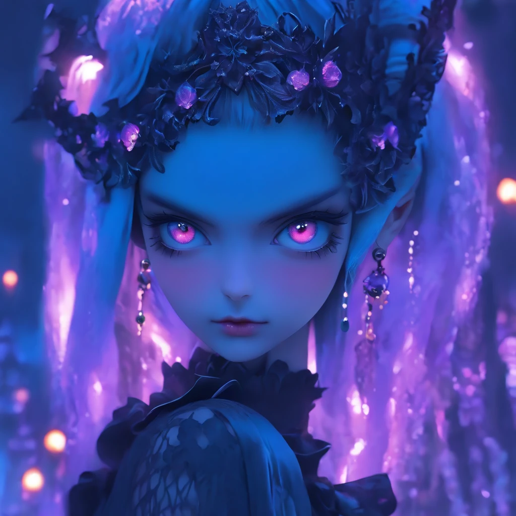 (Best quality,4K,8K,A high resolution,Masterpiece:1.2),Ultra-detailed,(Realistic,Photorealistic,photo-realistic:1.37),Hermaphroditic male Gothic Lolita with purple shaved head,Beautiful detailed eyes,beautiful detailed lips,Extremely detailed eyes and face, Cast glowing soul spells, Wearing a delicate Lolita dress, Porcelain dolls, Ethereal atmosphere,Dark Gothic background,Delicate lace detailing,Delicate headgear,Purple and black color scheme ,Soft lighting, Fairytale-style aesthetics