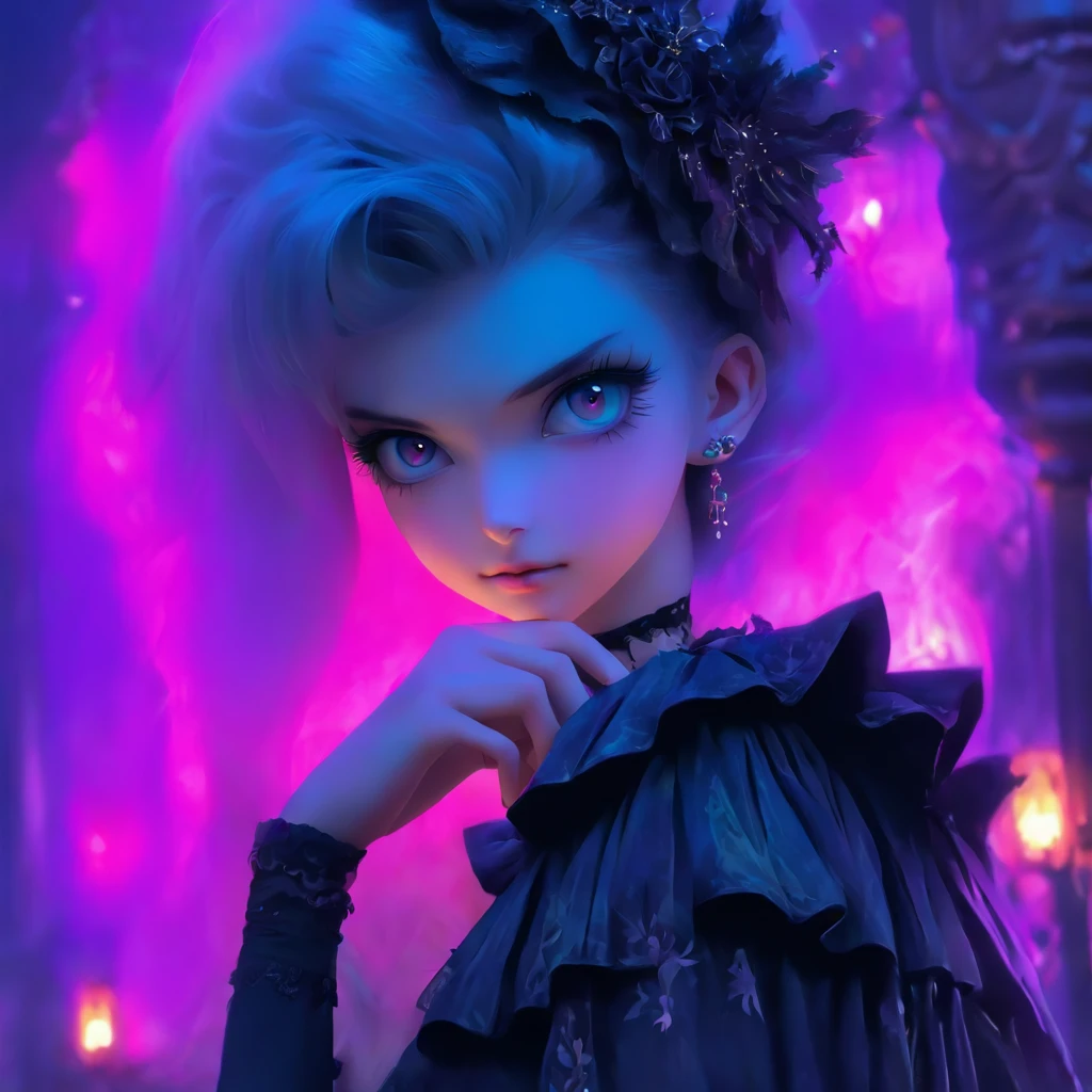 (Best quality,4K,8K,A high resolution,Masterpiece:1.2),Ultra-detailed,(Realistic,Photorealistic,photo-realistic:1.37),Hermaphroditic male Gothic Lolita with purple shaved head,Beautiful detailed eyes,beautiful detailed lips,Extremely detailed eyes and face, Cast glowing soul spells, Wearing a delicate Lolita dress, Porcelain dolls, Ethereal atmosphere,Dark Gothic background,Delicate lace detailing,Delicate headgear,Purple and black color scheme ,Soft lighting, Fairytale-style aesthetics
