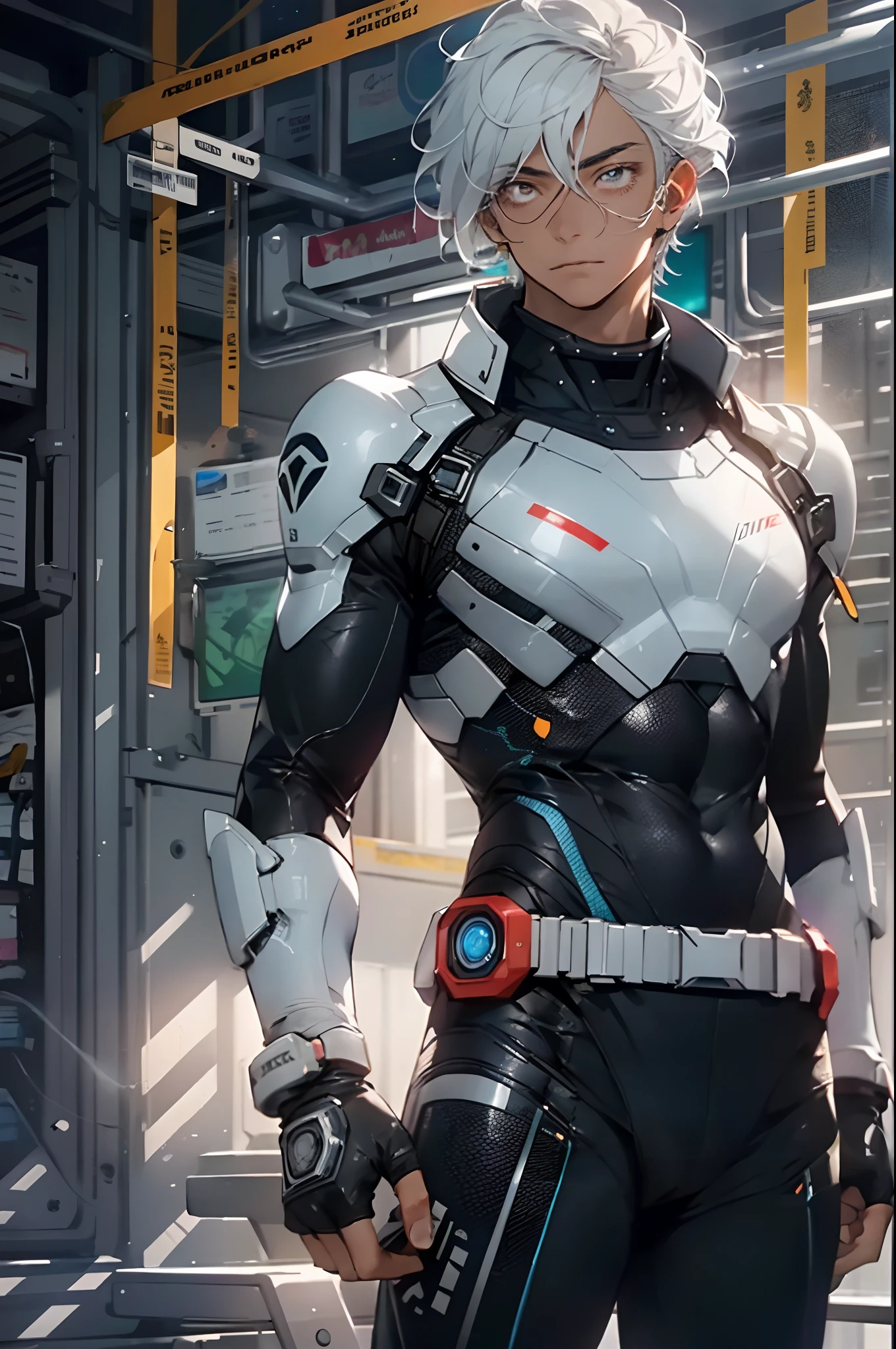 1male , Black and White Hair , Multicolored Hair , White Highlighted Hair , Green Bodysuit , Military armored combat clothing , Ruined City Background , Standing on sidewalk , Gas Mask , Perfect Generation