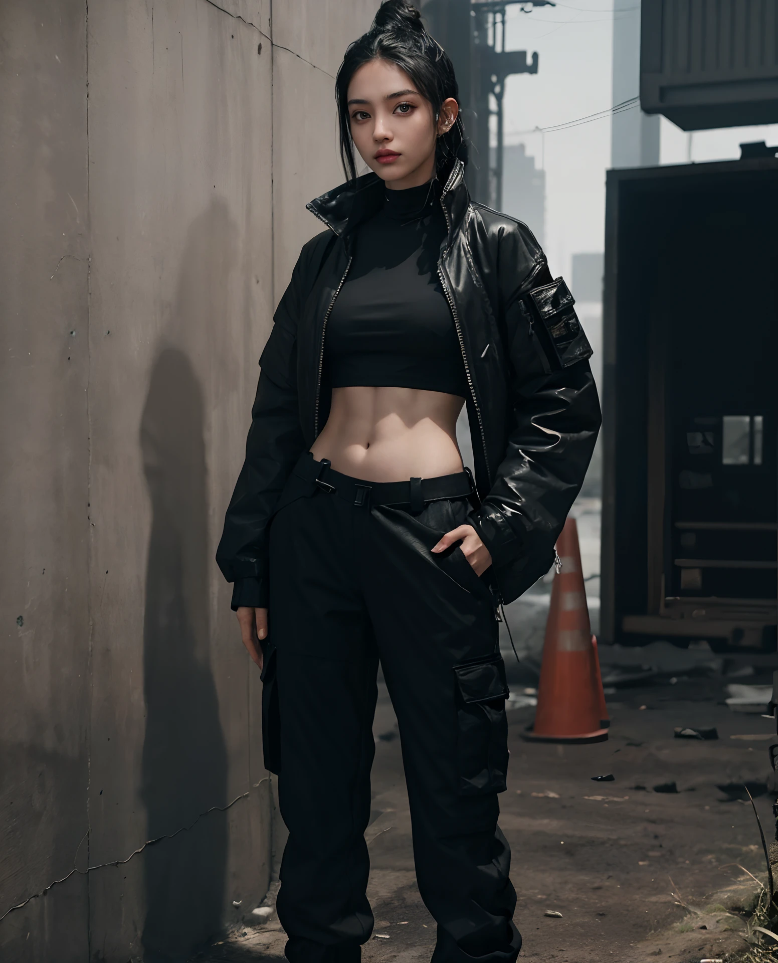 arafed woman in black pants and a black top standing in front of a wall, cargo pants. cyberpunk city, baggy black pants, all black cyberpunk clothes, wearing cargo pants, 2 4 year old female model, baggy pants, wearing japanese techwear, photograph of a techwear woman, postapocalyptic vibes, full body female
