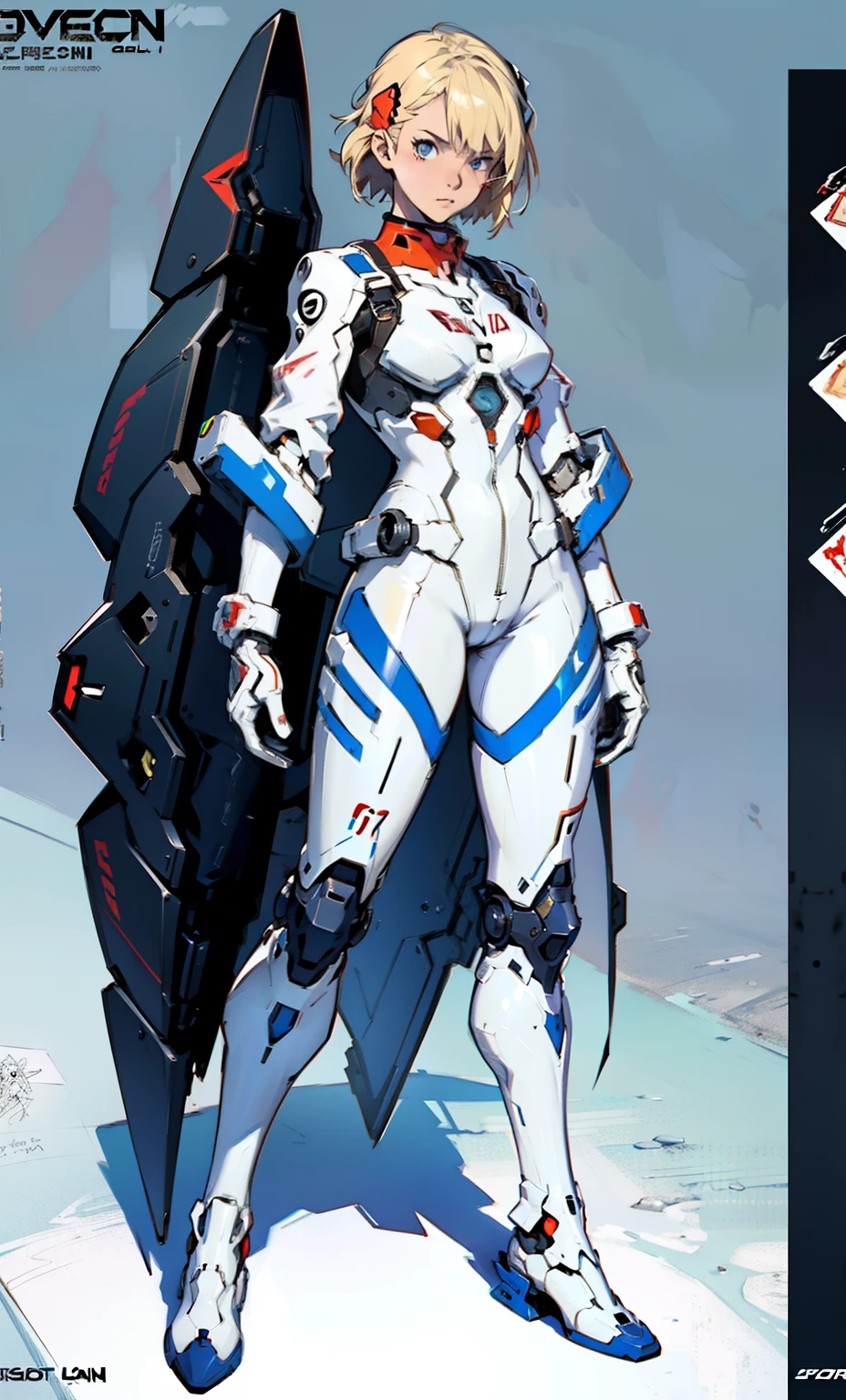 A girl in a straitjacket,((concept art of character)),((CharacterDesignSheet、Same role、frontage、Lateral face、on back)),Full body portrait of the character,Wear tactical eyepieces,Standing painting,Game character design,with a pure white background,Short blonde hair,blue colored eyes,White mech driving suit,Mech pilot,Evangelion style,expert high detail concept art,concept-art,interesting character design,concept-art
