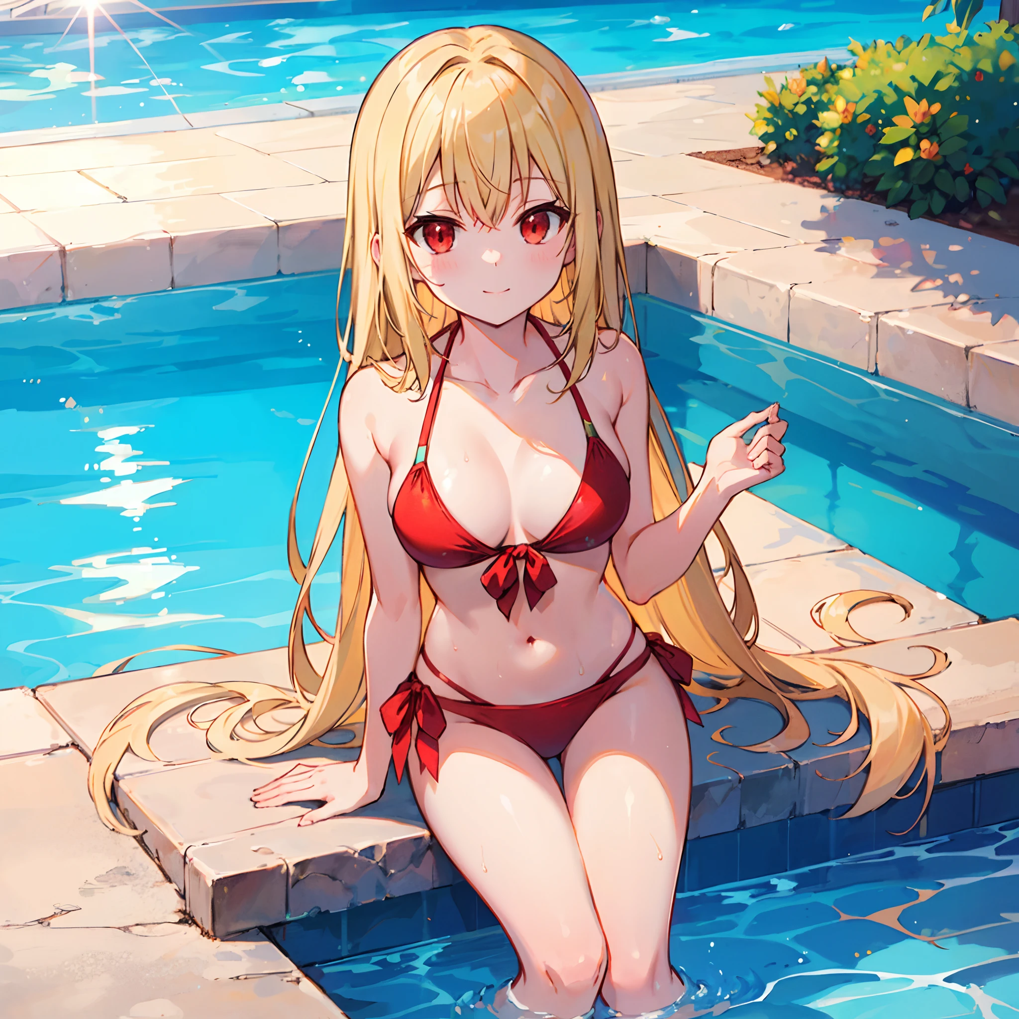 Semi-long blonde hair、red eyes、One Beautiful Girl、Fancy Bikini、suns、swimming pools、sitting on