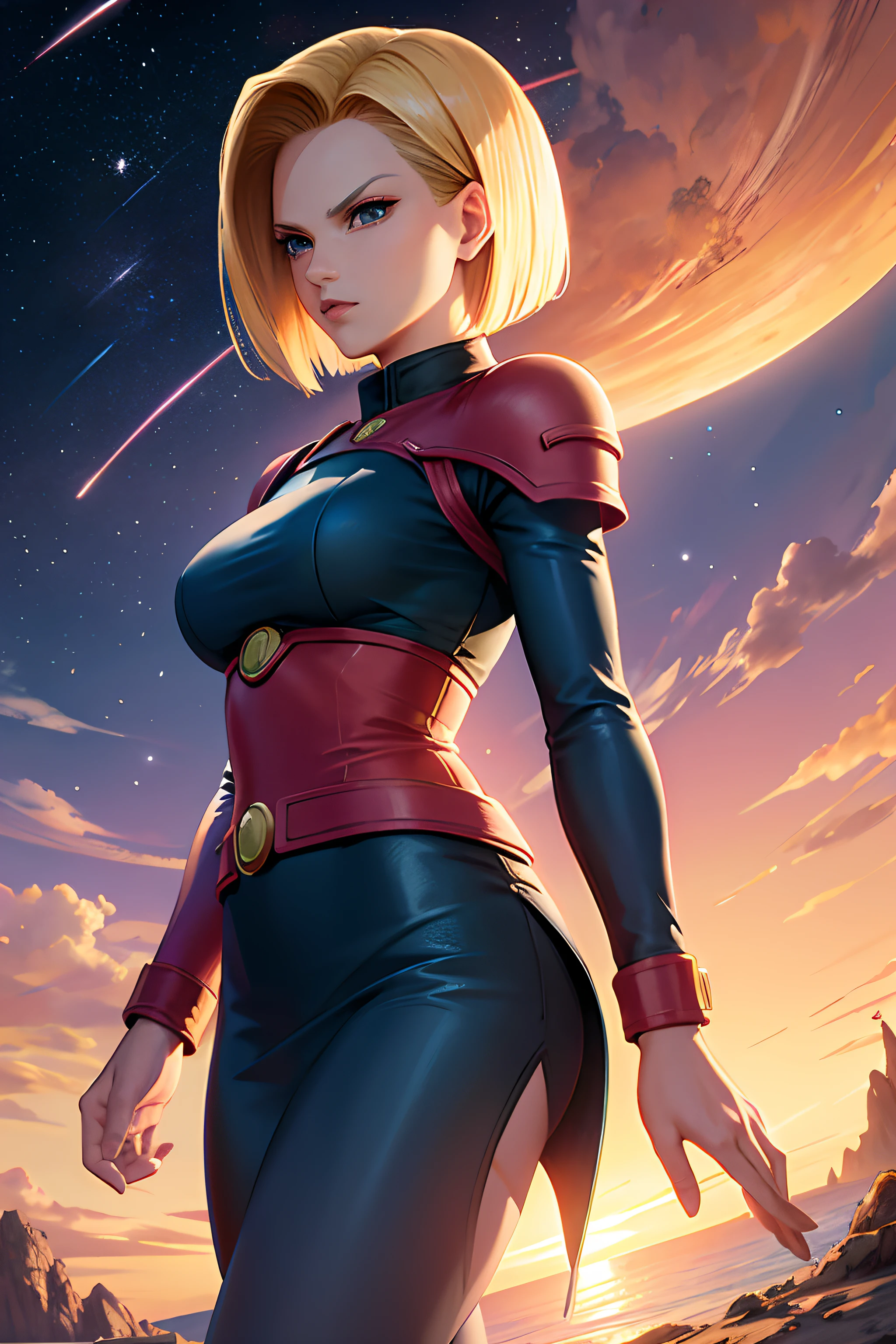 Reimagine Android 18 from dragon ball z anime, masterpiece illustration, cinematic, Galactic backdrop, sunset horizon