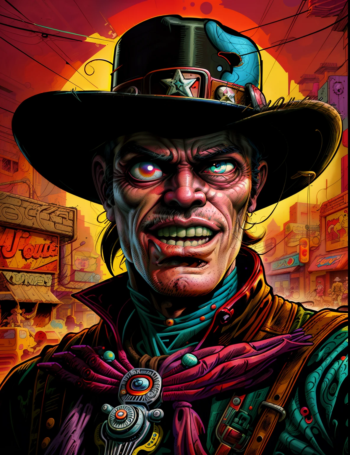 Caricature cowboy by Benito Jacovitti, retrofuturistic, westernpunk, Cyberpunk, by Charles Burns