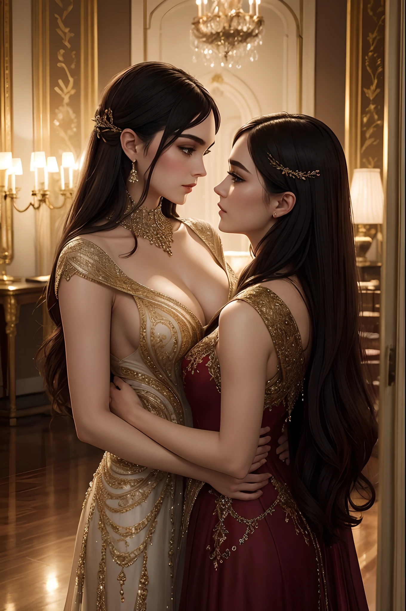 beautifully dressed in elegant evening gowns, standing in a dimly lit ballroom. Sasha Grey is gently touching Lana Rhodes' face, their eyes locked in a passionate gaze. The room is adorned with sparkling chandeliers and elaborate tapestries, exuding a luxurious ambiance. Soft, warm lighting casts a romantic glow on their flawless skin, accentuating their stunning features. The atmosphere feels intimate and mysterious, as if something magical is about to unfold. The colors in the scene are rich and vibrant, with deep hues of red and gold dominating the palette. Shadows dance gracefully across the room, adding depth and intrigue. The attention to detail in their dresses is impeccable, with intricate beading and flowing fabrics that shimmer in the light. The image is of the highest quality, with every fine detail beautifully captured in ultra-high resolution. The overall effect is reminiscent of a classic, timeless painting, evoking a sense of elegance and allure.