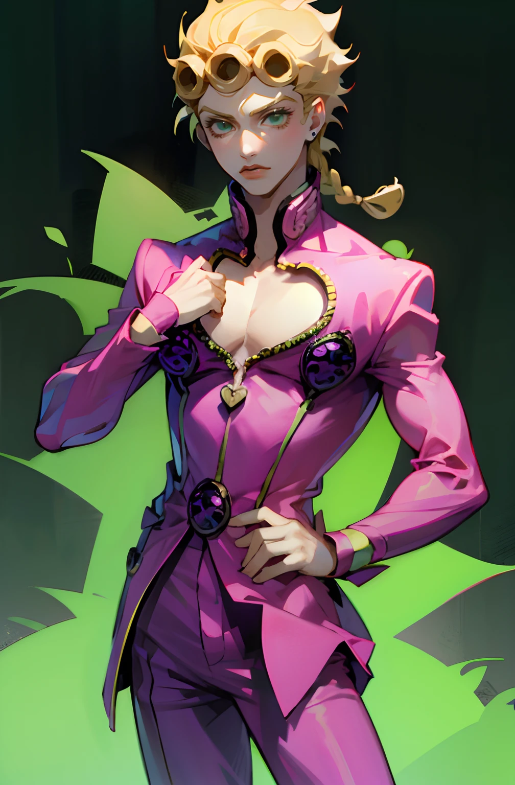 Giorno Giovanna, solo, green eyes, blonde hair, 1boy, braid, male focus, clothing cutout, cleavage cutout, pectorals, pink suit, cowboy shot