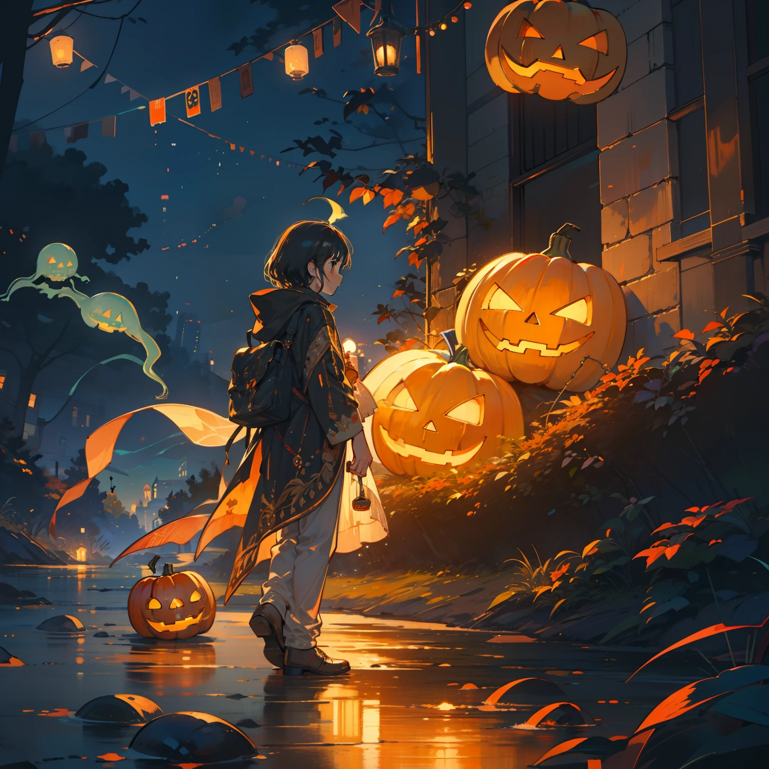 a young boy dressed in a ghost costume holding a cell phone with his left hand and a lighted carved pumpkin with his right, ghost costume, jack-o'-lantern, solo, halloween