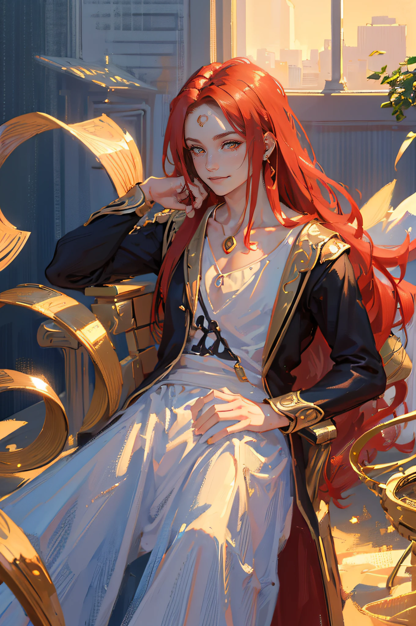 (best quality,4k,8k,highres,masterpiece:1.2),ultra-detailed,(realistic,photorealistic,photo-realistic:1.37) 1female:1.2, long hair:1.1, ((white and red hairs)), ((golden eyes:1.1)), handsome, smile, fancy clothing:1.1, realistic clothes, noble clothes, detailed clothes, ultra detail, vivid colors, professional, studio lighting, ((jewelry)), ((stylized hair))