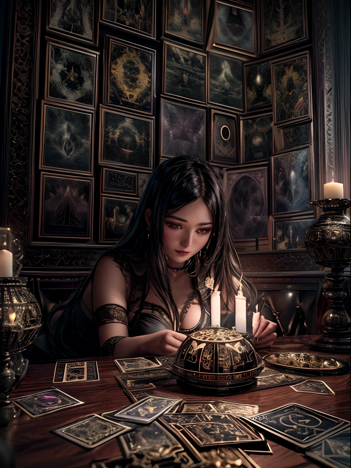 (masterpiece, high resolution:1.3), (photo of a woman in her dark and mysterious environment:1.2), (Sony Alpha 1 camera, renowned for capturing exceptional detail and low-light performance:1.2), (paired with the Sony FE 24-70mm f/2.8 GM lens for a versatile and sharp composition:1.2), (the woman surrounded by an aura of mystery and intrigue:1.1), (her dark clothing and enigmatic expression adding to the atmosphere:1.1), (Sony Alpha 1 camera capturing the intricate textures and subtle shades in the low-light setting:1.2), (a table adorned with tarot cards, spread out in a mystic formation:1.1), (candles flickering, casting dancing shadows around the room:1.1), (the dim lighting adding to the ambiance of secrecy and mysticism:1.1), (the woman's eyes focused on the cards, as if seeking answers from the unknown:1.1), (a crystal ball nearby, adding to the mystical setting:1.1), (symbols of astrology and esoteric knowledge decorating the room:1.1), (a hint of incense in the air, adding to the sensory experience:1.1), (the photo capturing the woman's connection with the spiritual world and her mysterious aura:1.1), (a moment frozen in time, capturing the intense and introspective atmosphere of divination:1.1), (an image that invites viewers into a world of magic and spiritual insight, leaving them intrigued and curious:1.1), Cinematic, Hyper-detailed, insane details, Beautifully color graded, Unreal Engine, DOF, Super-Resolution, Megapixel, Cinematic Lightning, Anti-Aliasing, FKAA, TXAA, RTX, SSAO, Post Processing, Post Production, Tone Mapping, CGI, VFX, SFX, Insanely detailed and intricate, Hyper maximalist, Hyper realistic, Volumetric, Photorealistic, ultra photoreal, ultra-detailed, intricate details, 8K, Super detailed, Full color, Volumetric lightning, HDR, Realistic, Unreal Engine, 16K, Sharp focus, Octane render