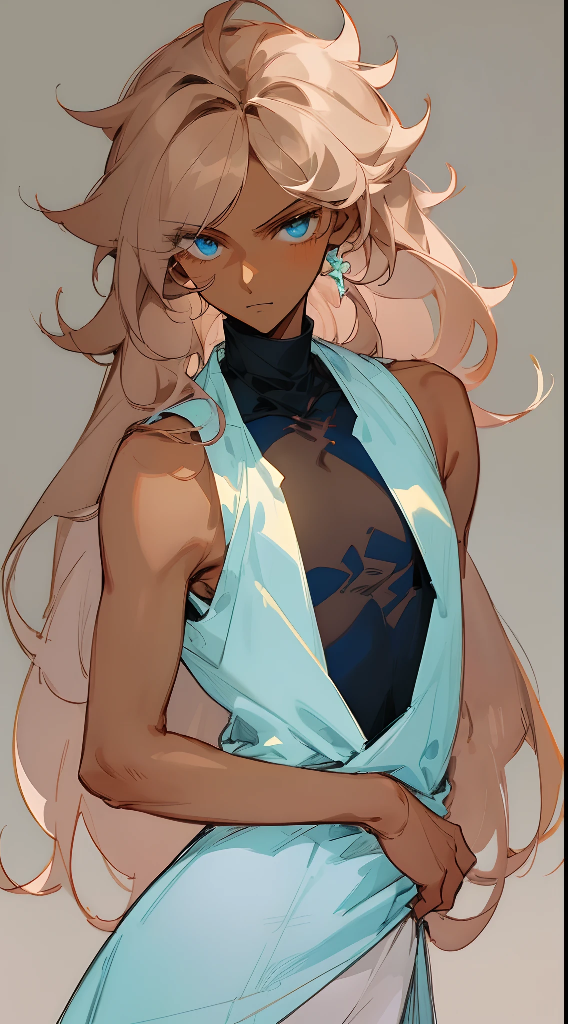 (masterpiece, best quality) detailed, 1Character , blue archive art style ,  pastel washed out colors , cell shade , soft, muted shades ,gentle colors ,

Wearing a sleeveless turtleneck, crop top , white and blue clothes , 
((Beautiful man:1)) , ((Dark skin:1.5)) , ((long hair)) , ((light purple hair)) , ((male:1.4)) , full lips , light blue eyes ,((pointed ears:1)) ,big hair , voluminous hair , ((Skinny build)) ,effeminate , full long eyelashes , Bishounen, possess delicate and androgynous features