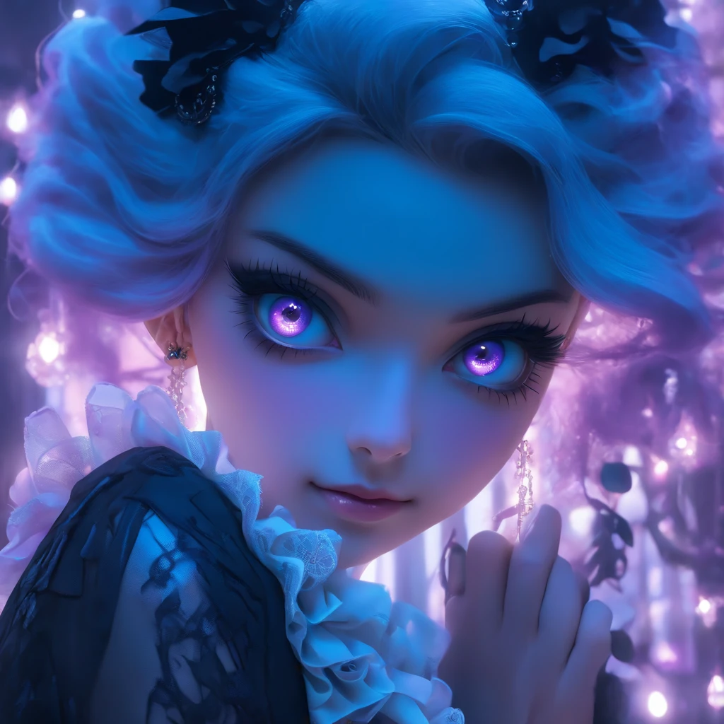 (Best quality,4K,8K,A high resolution,Masterpiece:1.2),Ultra-detailed,(Realistic,Photorealistic,photo-realistic:1.37),Hermaphroditic male Gothic ta with purple shaved head,Beautiful detailed eyes,beautiful detailed lips,Extremely detailed eyes and face, Cast glowing soul spells, Wearing a delicate Loliress, Porcelain dolls, Ethereal atmosphere,Dark Gothic background,Delicate lace detailing,Delicate headgear,Purple and black color scheme ,Soft lighting, Fairytale-style aesthetics