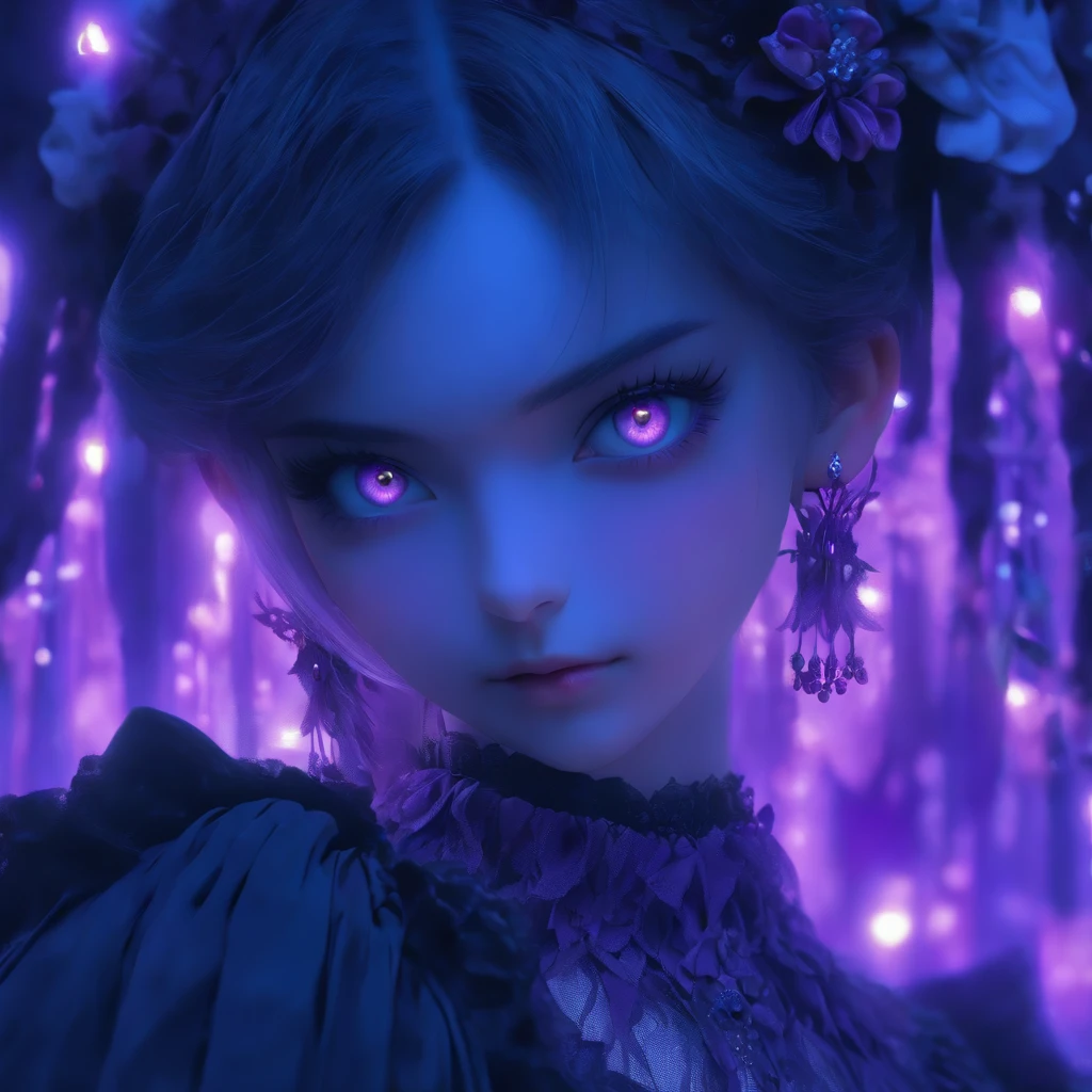 (Best quality,4K,8K,A high resolution,Masterpiece:1.2),Ultra-detailed,(Realistic,Photorealistic,photo-realistic:1.37),Hermaphroditic male Gothic Lolita with purple shaved head,Beautiful detailed eyes,beautiful detailed lips,Extremely detailed eyes and face, Cast glowing soul spells, Wearing a delicate Lolita dress, Porcelain dolls, Ethereal atmosphere,Dark Gothic background,Delicate lace detailing,Delicate headgear,Purple and black color scheme ,Soft lighting, Fairytale-style aesthetics