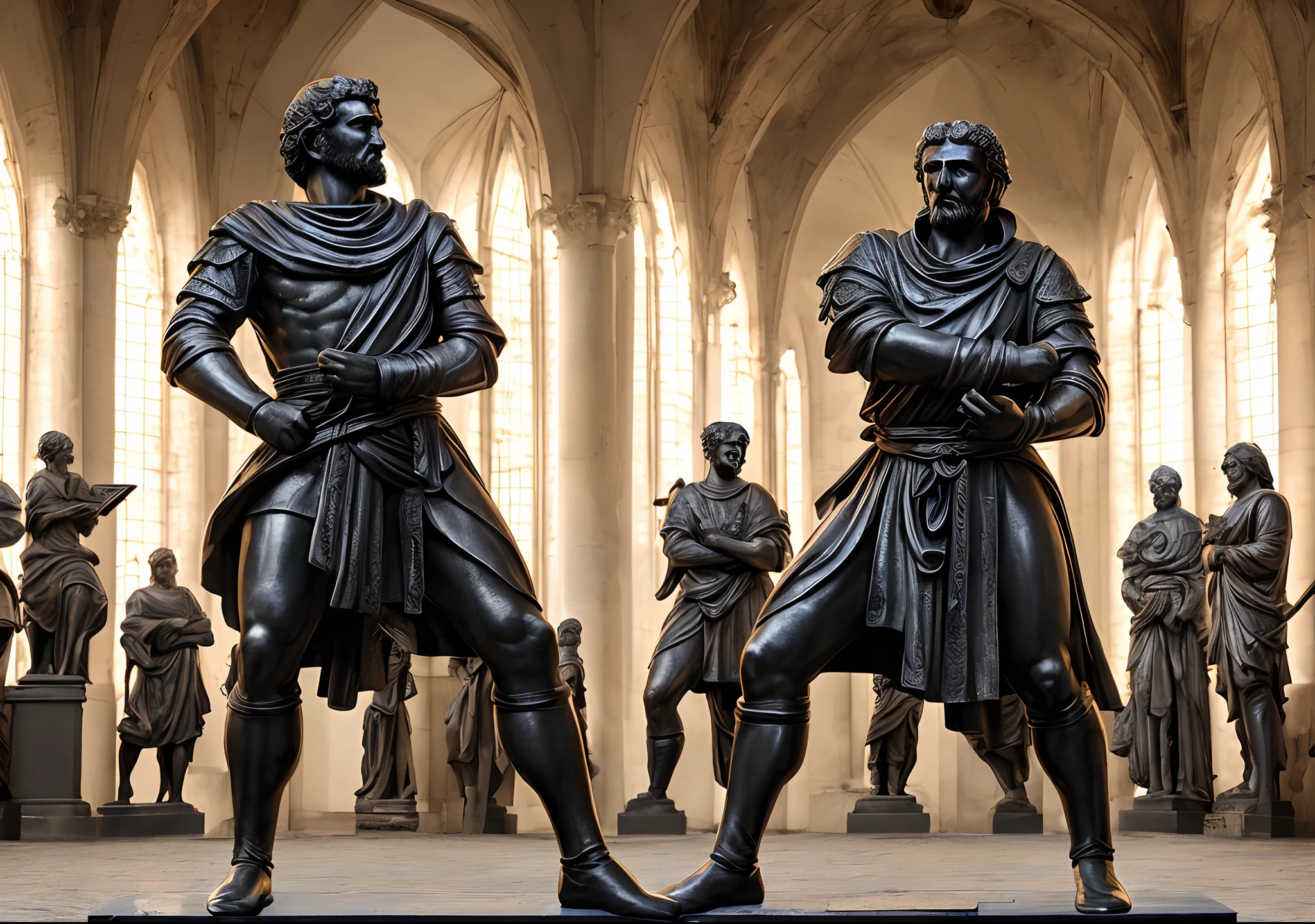 Men resembling statues of Zeno of Citium, Seneca, Marcus Aurelius and Epictetus, cor escura, fundo preto, semelhante a um guerreiro medieval, strong with impression of anger and hatred, obra-prima) (8k high resolution) (melhor qualidade) (Ultra Definition) (Ultra realista)(Foto RAW) (Foto realista) (imagem escuro) (Ton de cor escura no fundo da imagem, Dark Black Statue, cor escura, ferozmente irritado e agressivo, power and strength demonstration, olhos expressivos ferozes, HDR, 8k