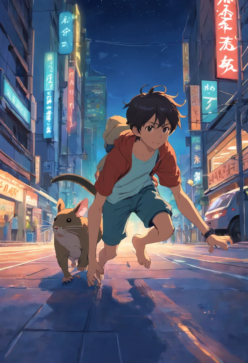 The boy races with a giant rat at night