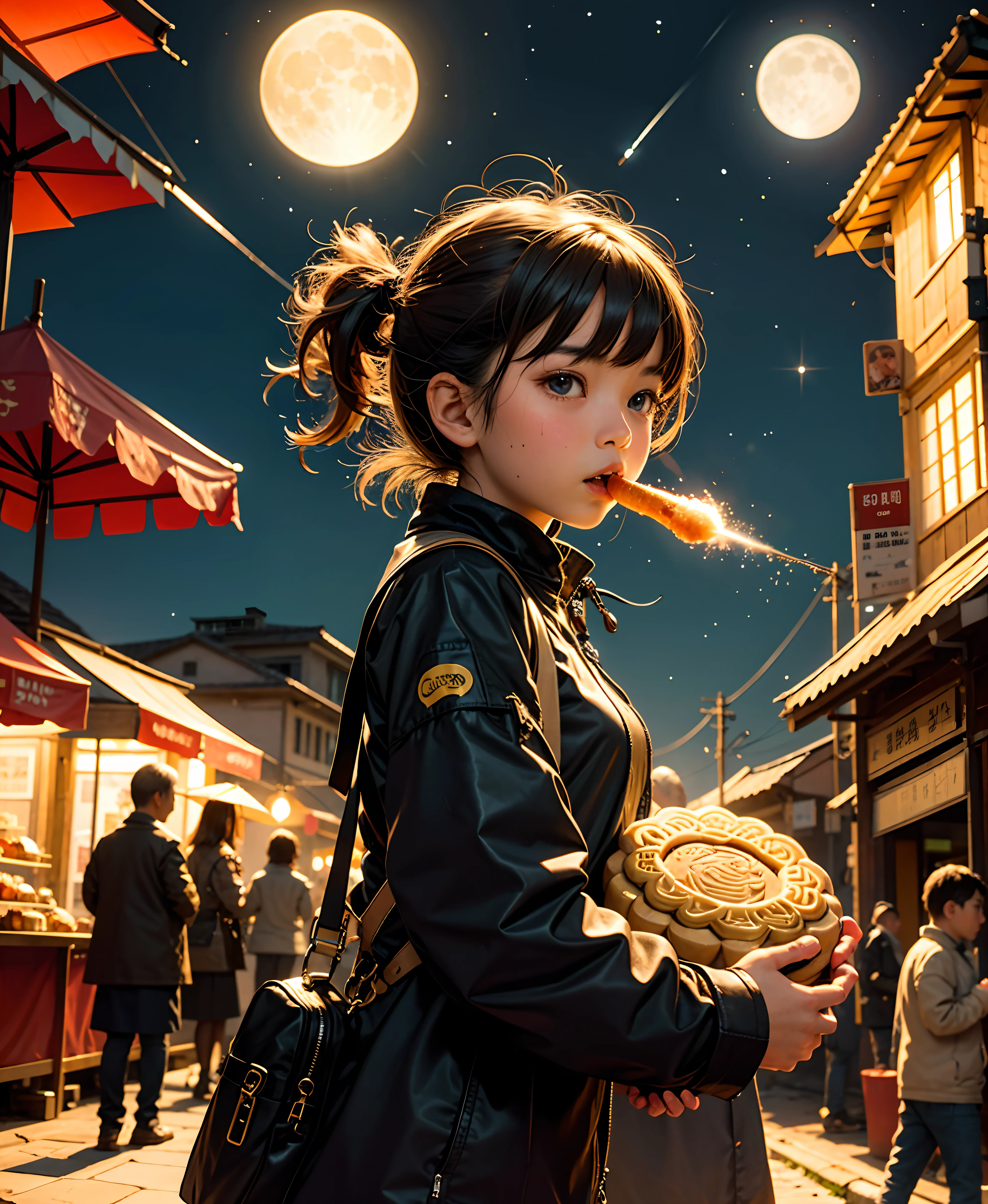 A holding a large mooncake and eating,There is a night sky behind,fire works,In the ancient street