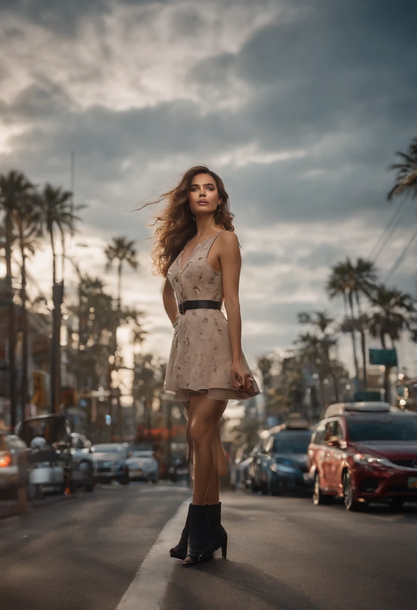 ((Realistic lighting, Best quality, 8K, Masterpiece: 1.3)), Focus: 1.2, 1girl, Perfect Body Beauty: 1.4, Slim Abs: 1.1, ((Dark Brown Hair)), (Aqua Dress: 1.4), (Outdoor, Night: 1.1), City Street, Super Fine Face, Fine Eyes, Double Eyelids,