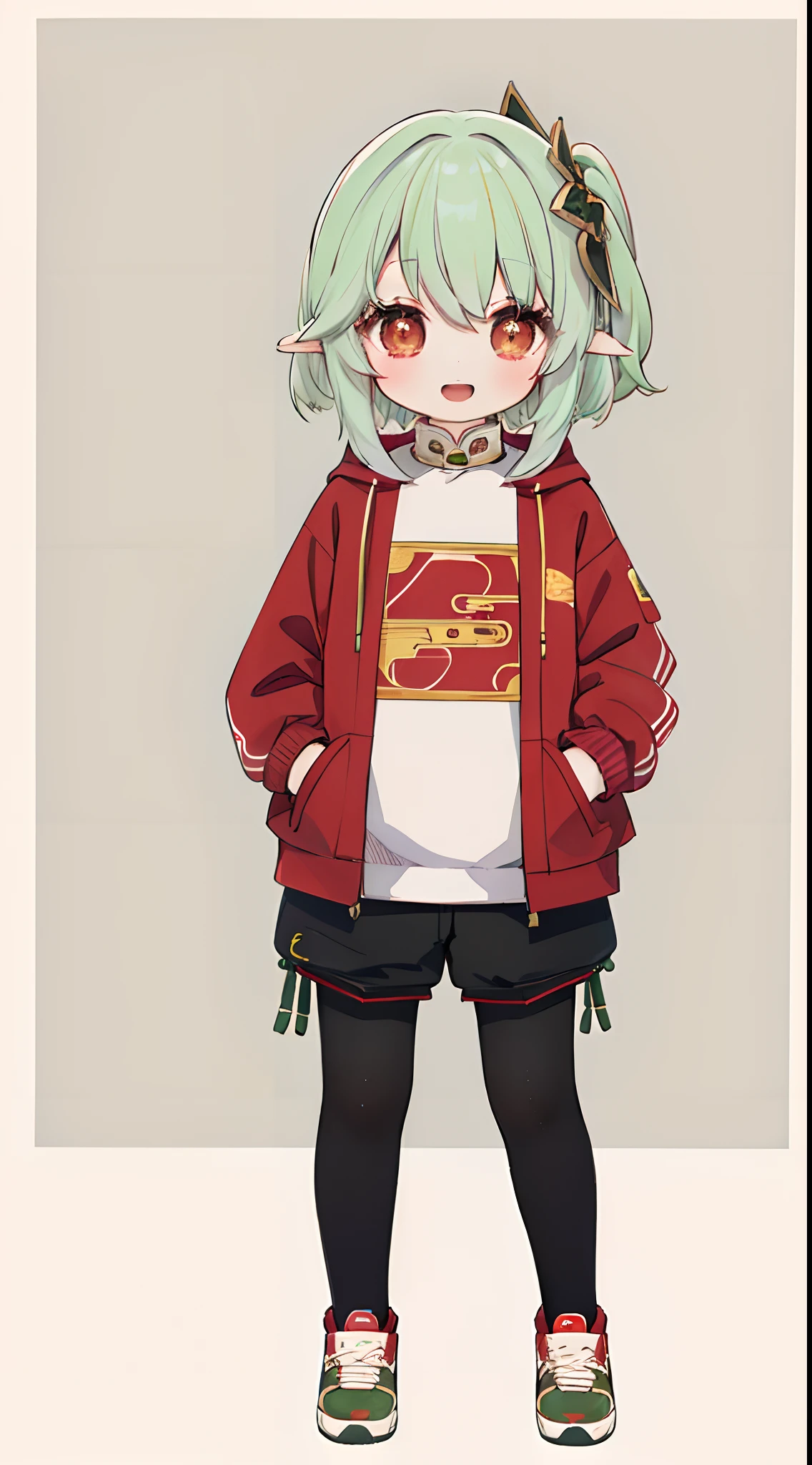 1girll, Solo, Green hair, Red eyes, Short hair, shirt, Open mouth, Smile, red colour,Sweatshirt。Red Chinese knot sweatshirt,Hood, Jacket, view the viewer, kazami yuuka, Long sleeves, Open clothes, bangs,shorter pants,lacepantyhose,Hand in pocket,athletic sneakers,Full body photo
