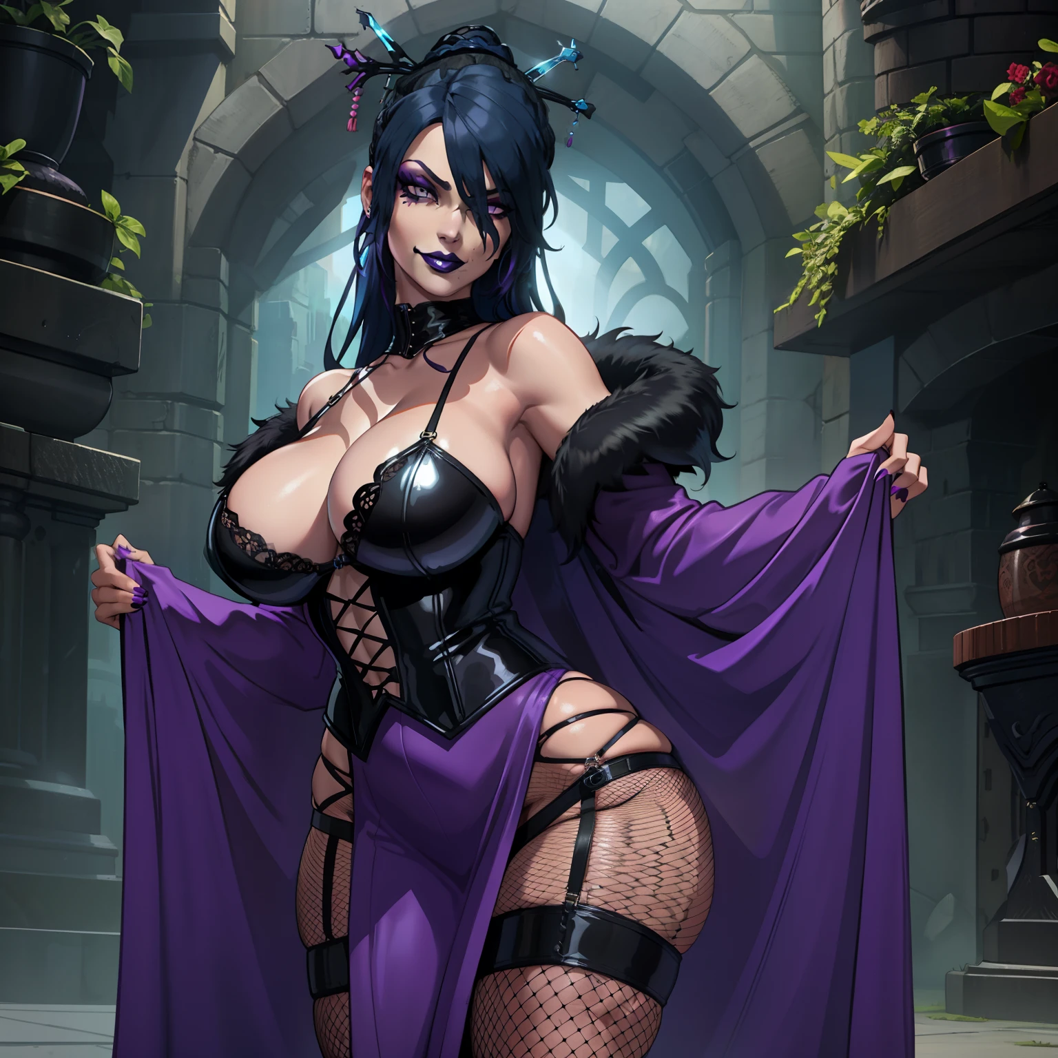 thicc Gothic female wearing sexy fur lined robe with sexy purple dress under it, has blue hair, thicc, wearing fishnets, nsfw, lewd, black lipstick, dominatrix aesthetic, BDSM gear, dominant, evil, sensual grin