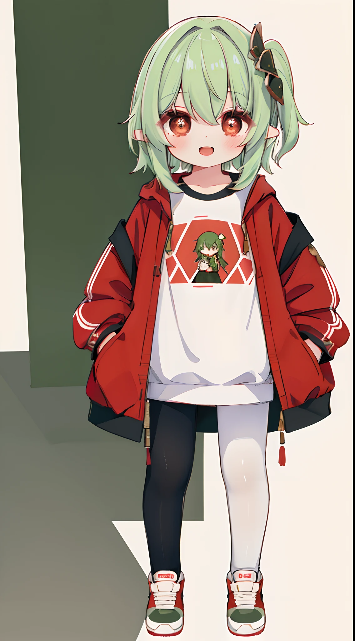 1girll, Solo, Green hair, Red eyes, Short hair, shirt, Open mouth, Smile, red colour，Sweatshirt。Red Chinese knot sweatshirt，Hood, Jacket, view the viewer, kazami yuuka, Long sleeves, Open clothes, bangs,shorter pants，lacepantyhose，Hand in pocket，athletic sneakers，Full body photo