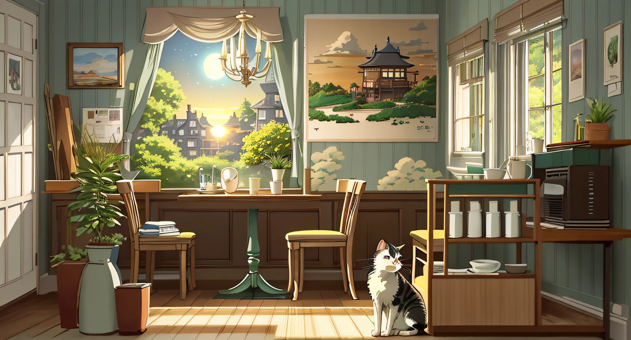 There was a cat sitting in the room,There was a table and chairs, Relaxing concept art, highly detailed scenario, cozy home background, Anime background art, cozy cafe background, the setting sun,apartament, Detailed scenery —width 672, interior background art, atey ghailan 8 k, Cute detailed digital art, drawn in anime painter studio, In Studio Ghibli style