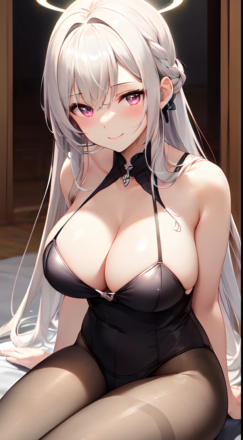 (best quality, masterpiece, highres tyndall effect,photorealistic, dark studio, rim lighting, two tone lighting,(high detailed skin:1.2), 8k uhd, dslr, soft lighting, high quality, volumetric lighting, candid, Photograph, high resolution, 4k, 8k), 1girl , bare shoulders , black pantyhose , blue necktie , blunt bangs , blurry background , blush , cleavage , closed mouth , hair ornament , halo , large breasts , looking at viewer , pantyhose , purple eyes , sidelocks , sitting , smile , solo , thighband pantyhose , underwear , very long hair , white hair
