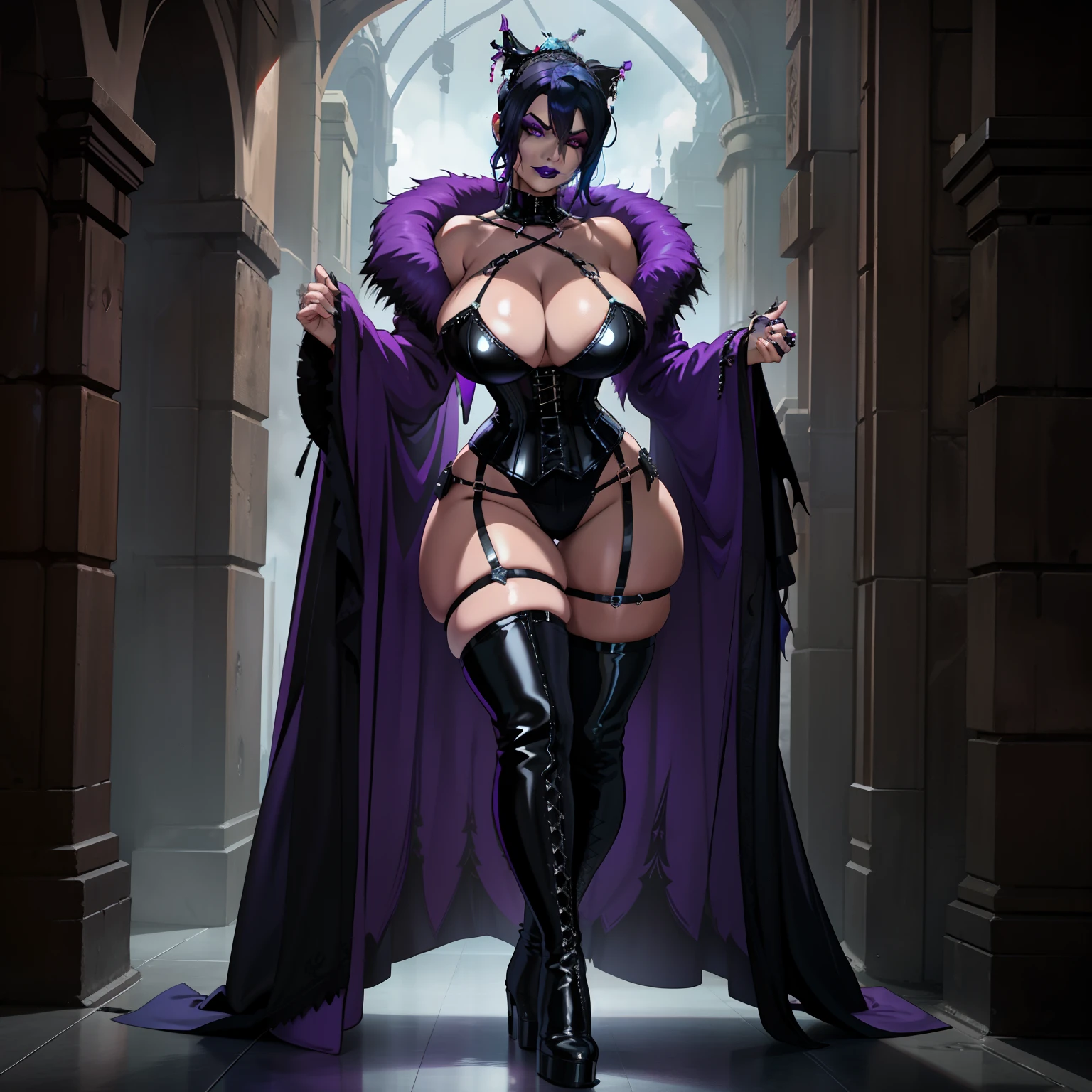 thicc Gothic female wearing sexy fur lined robe with sexy purple dress under it, has blue hair, thicc, wearing fishnets, nsfw, lewd, black lipstick, dominatrix aesthetic, BDSM gear, dominant, evil, sensual grin, wearing corset with bustier, rivets, wearing thigh high combat boots