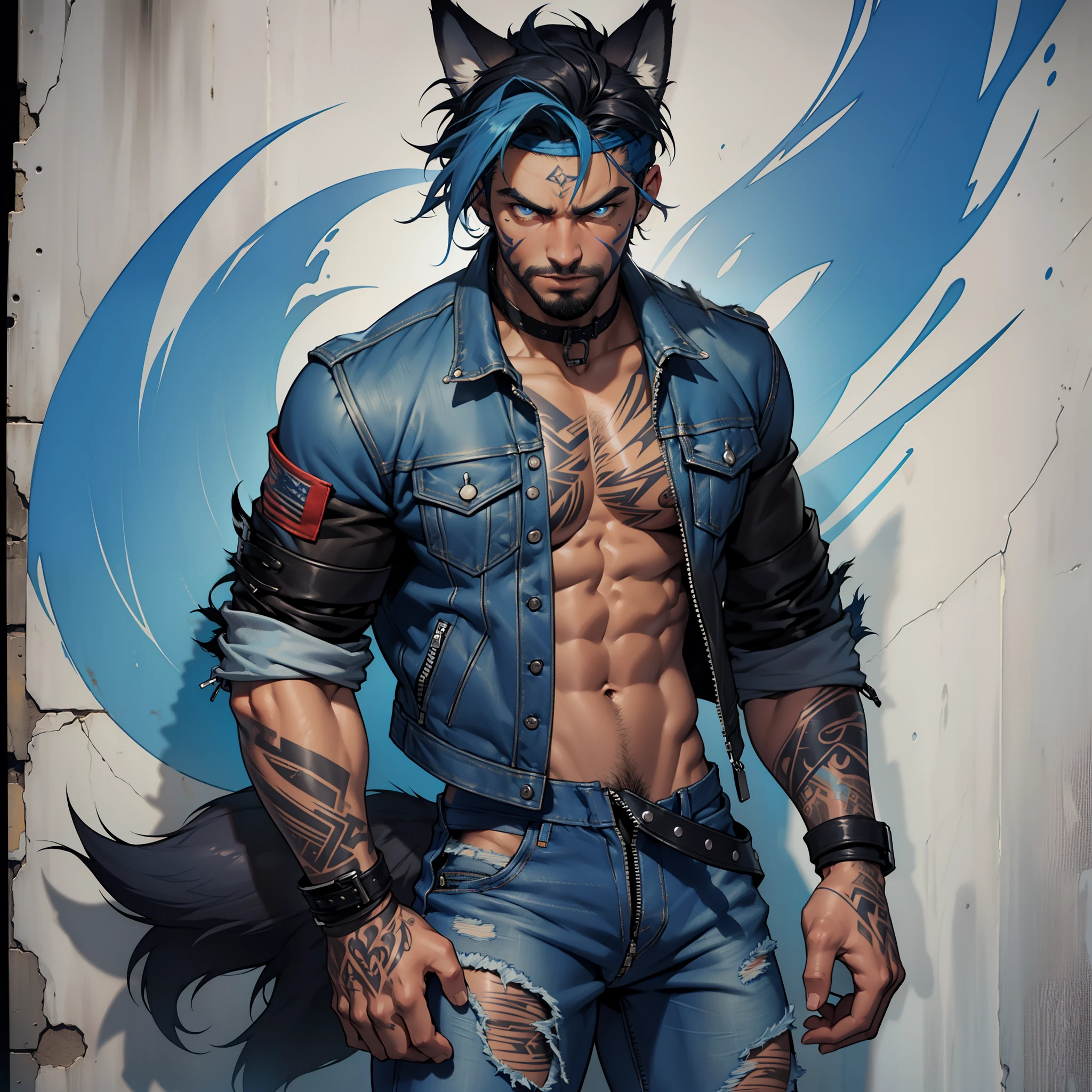 bad attitude, brooding, masculine with short beard, body hair, ((dark tanned skin)), bulge, short cropped ombre hair, ((has wolf ears)), ((has wolf tail)), smoky grunge punk graffiti, wearing ((skintight denim)) pants, ((unzipped showing pubes)), sagging low on his hips, ((he is solo, he is alone)), has detailed glowing blue eyes, covered in ((blue tattoos)), wearing bandana and leather wrist bands, wearing a red jacket, wearing fingerless gloves, muscular thighs